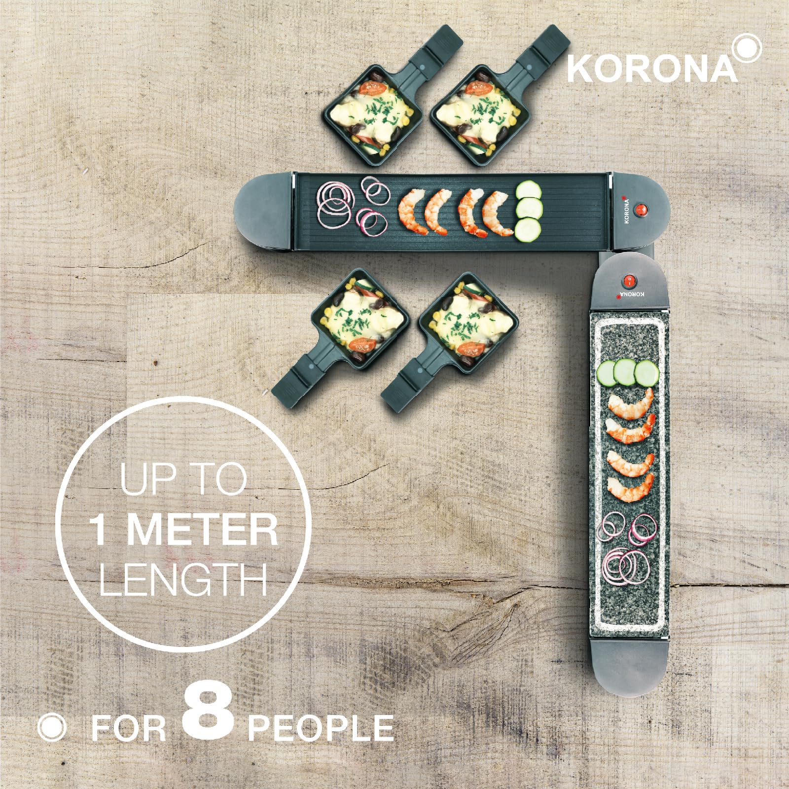Korona 45071 Drehbares Raclette | Raclette für 8 Personen | Antihaft-Grillplatte | Naturstein | Extra langes Kabel | Inkl. Zubehör, Schwarz