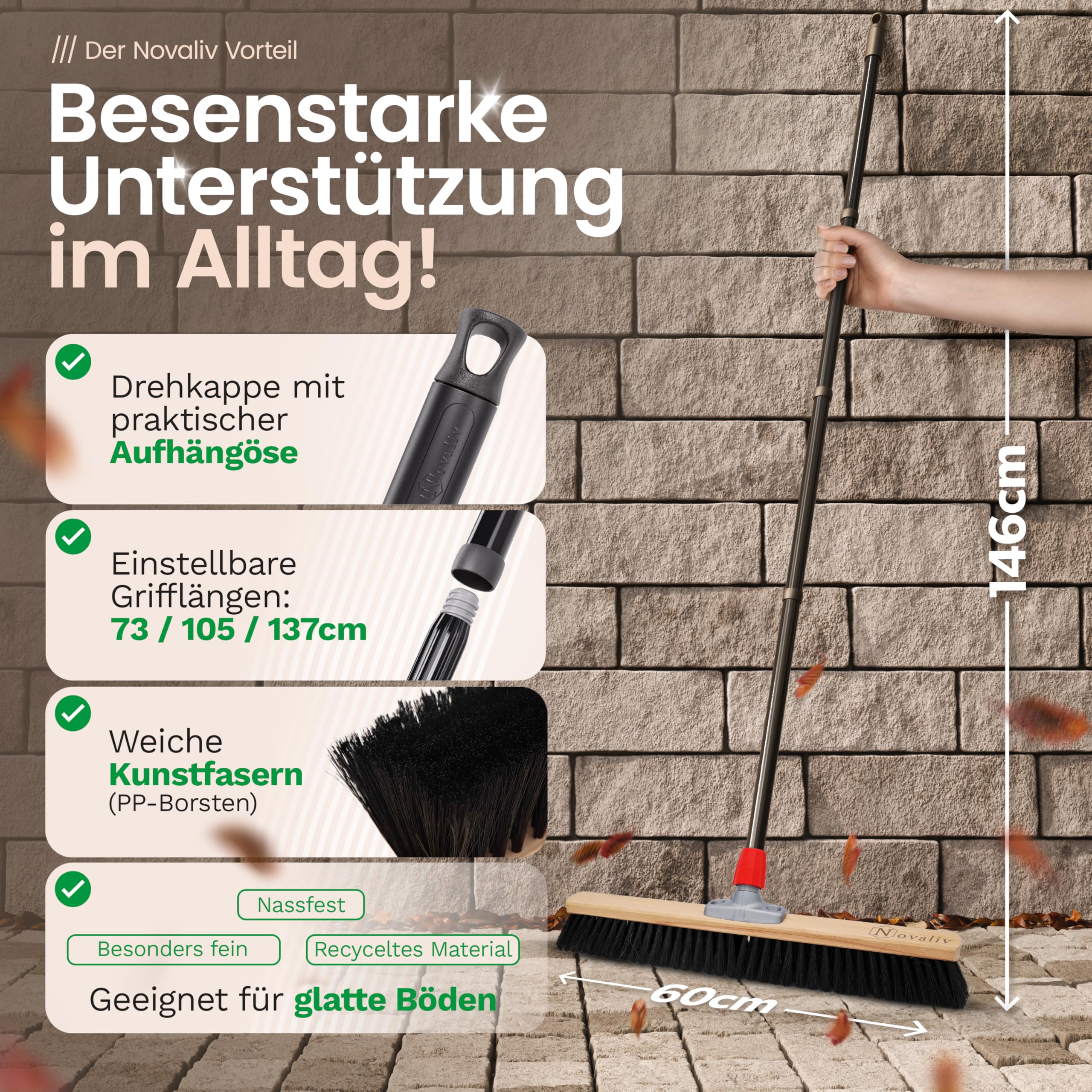Novaliv Grosser Besen 2X Saalbesen 60 cm mit Stiel Borsten Kunstborsten Besen fein Ideal als Werkstattbesen mit Stiel Hallenbesen Industriebesen Hausbesen Kehrbesen Zimmerbesen Haarbesen Besen Groß