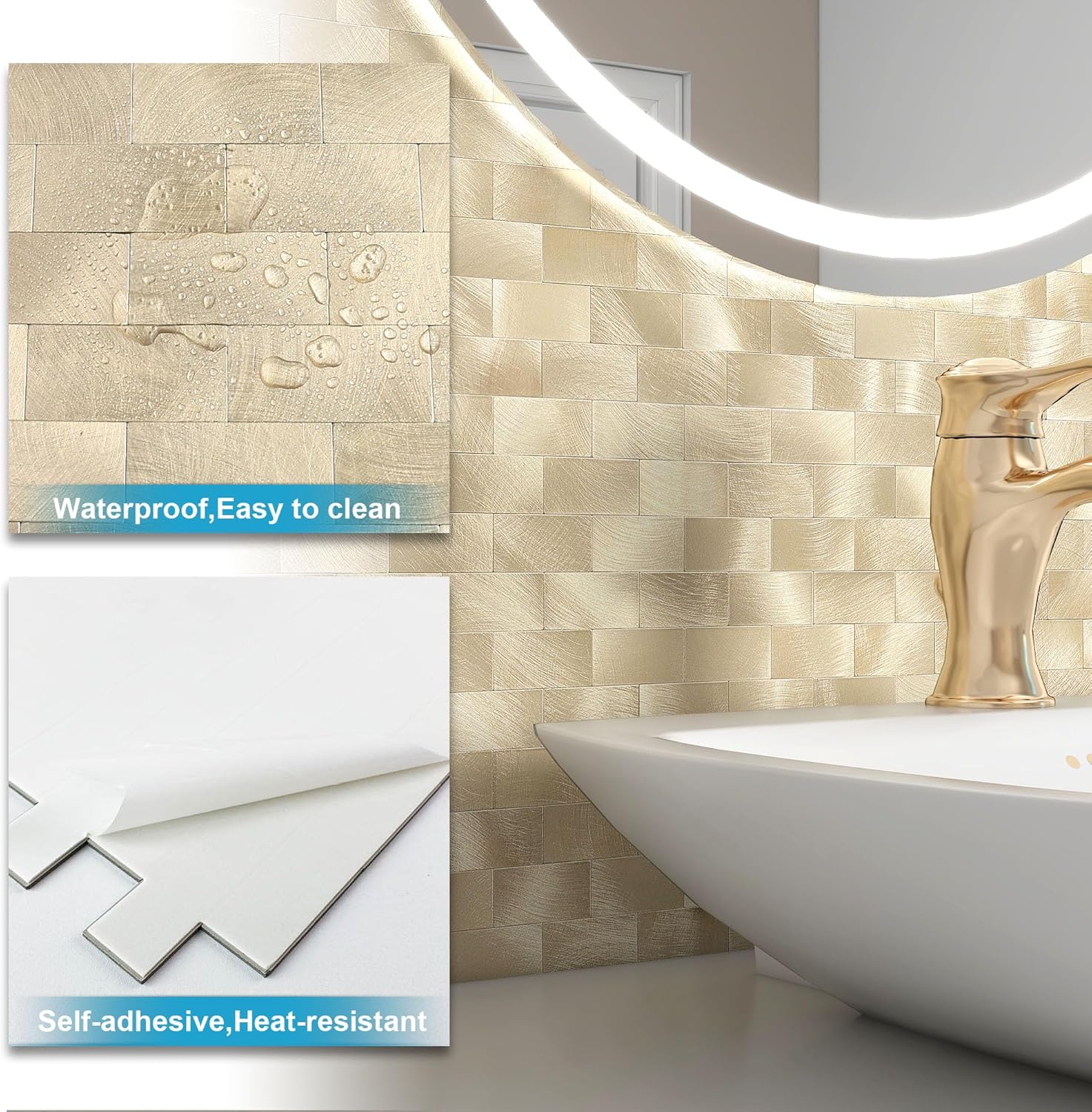 BeNice Peel and Stick Backsplash Metal Tiles Sticker Brick Panel for Kitchen Wall Self Adhesive Subway Metallic Mosaic(Gold,10 Sheets)