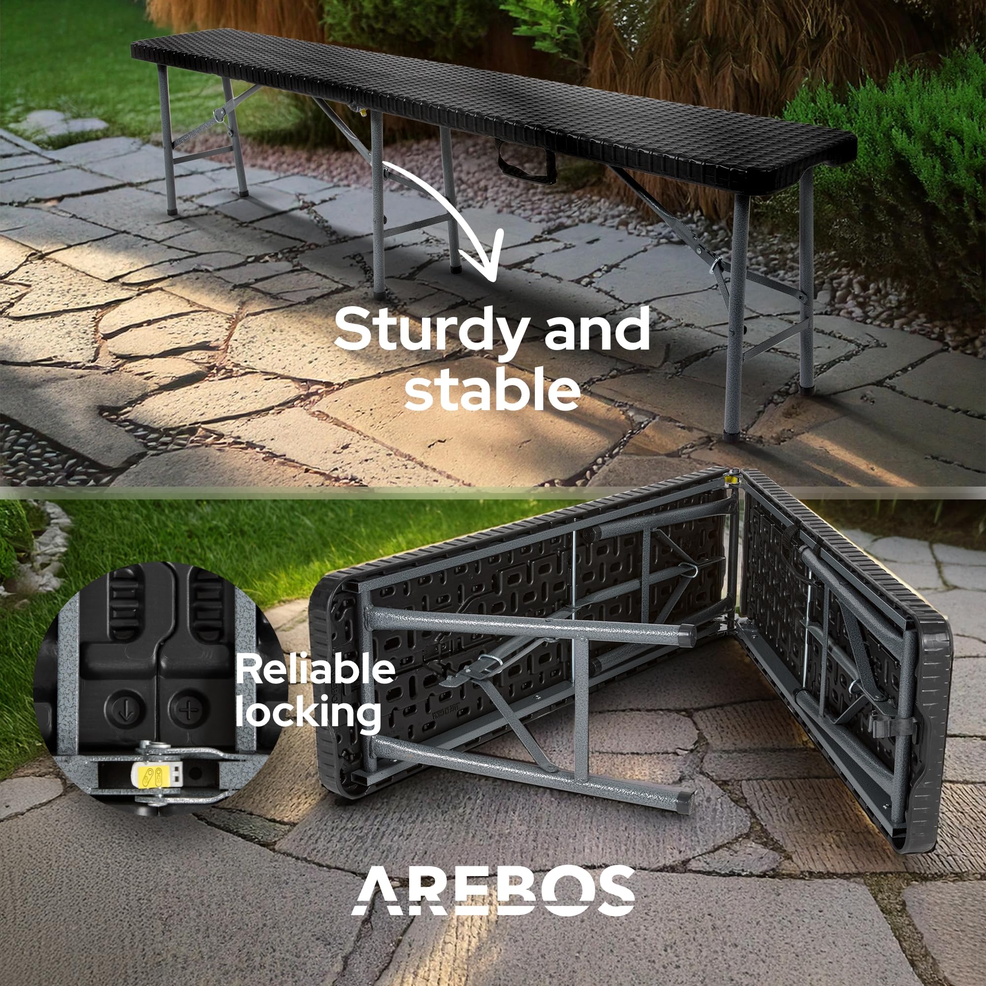 Arebos 2 panchine pieghevoli da birra, con maniglia per il trasporto, 183 x 28 x 43 cm, pieghevole, da campeggio, da giardino, da giardino, da giardino, da 2 pezzi, colore nero