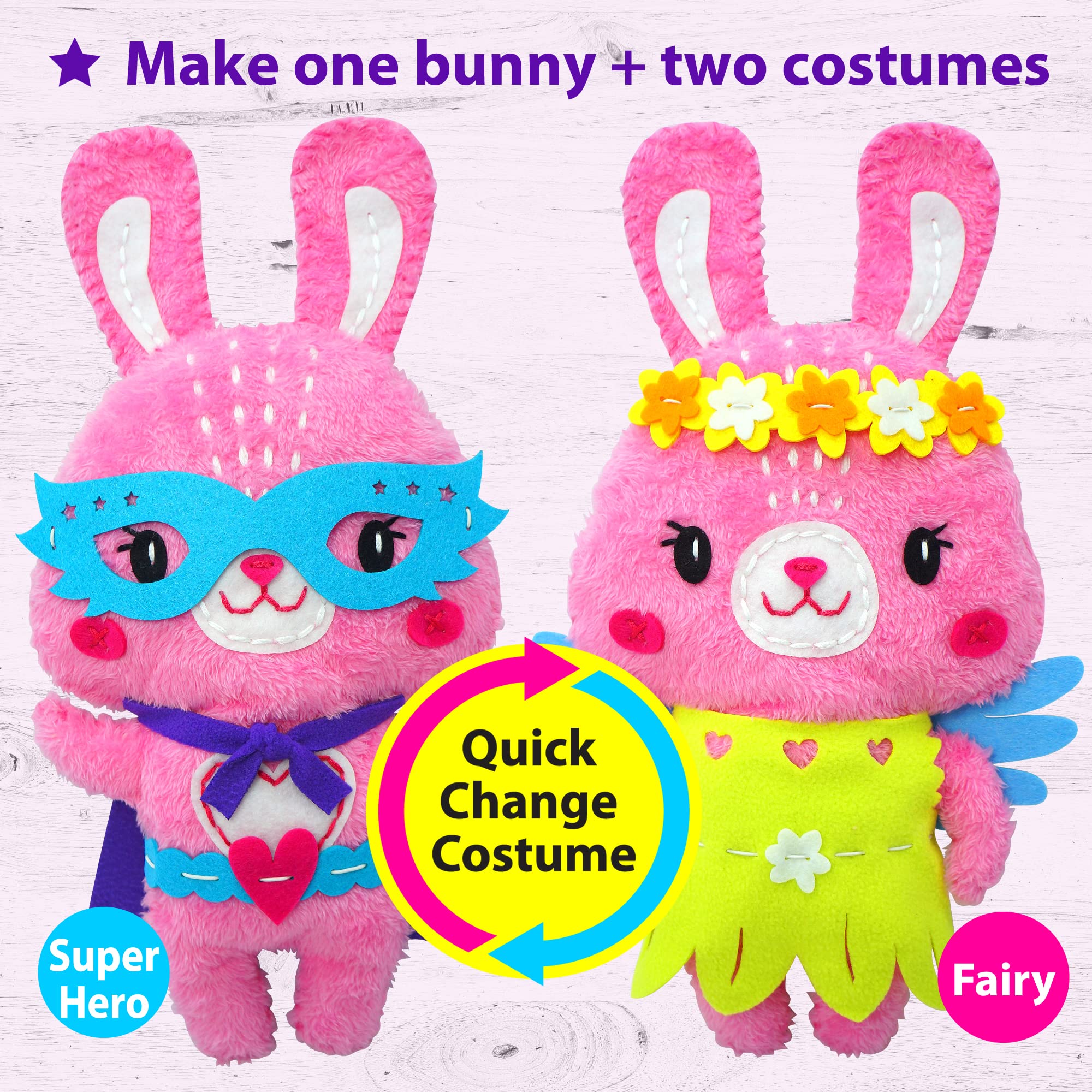 KRAFUN Big Jumbo Bunny Animal Zestaw do szycia dla dzieci Początkujący Moja pierwsza sztuka i rękodzieło, zrób 1 wypchaną lalkę z 2 kostiumami, instrukcjami i pluszowymi materiałami filcowymi