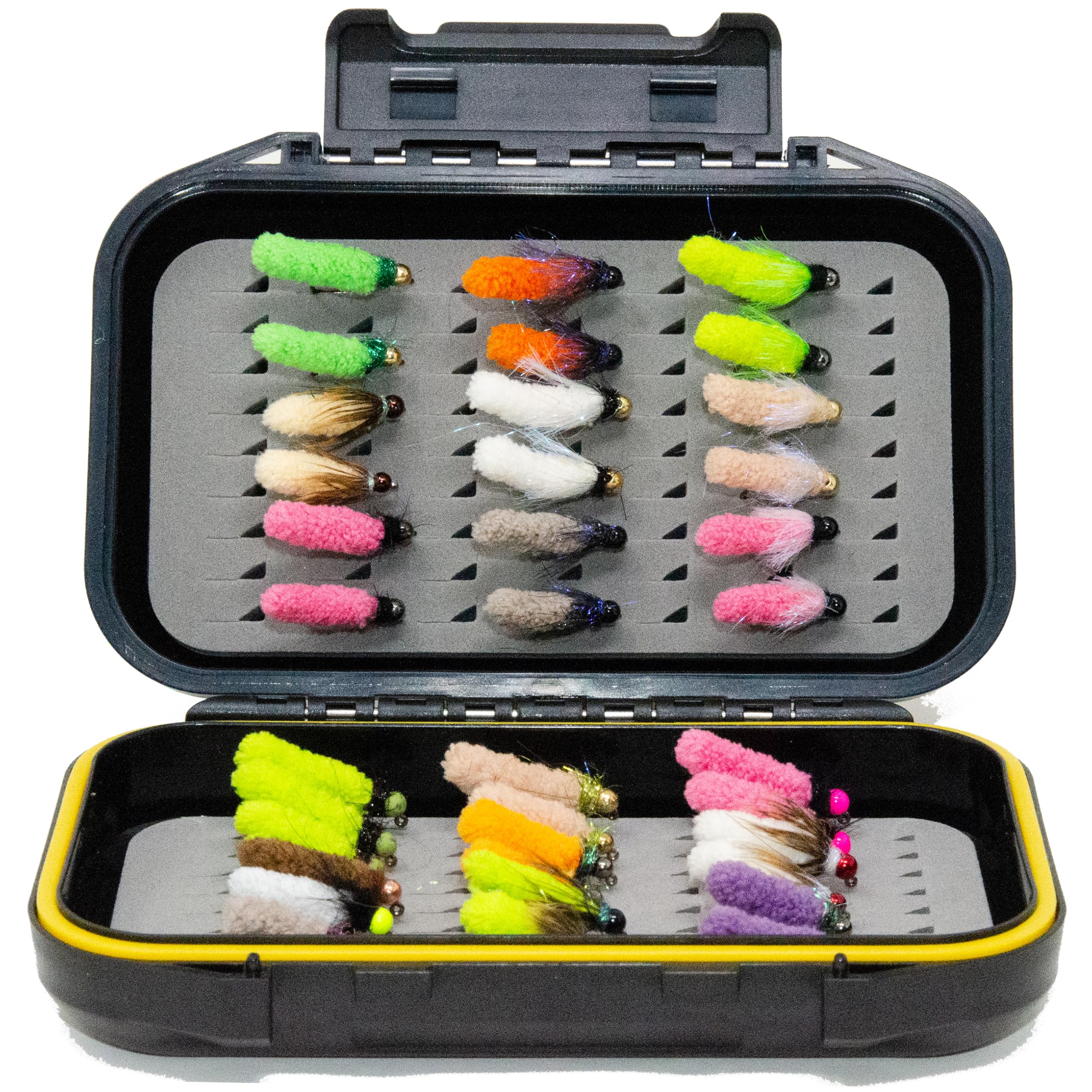 24/36/50/66 Premium Hand Tied Fly Fishing Flies Assortment | Waterproof Fly Boxes | Dry, Wet, Nymphs, Streamers, Wooly Buggers, Terrestrials | Trout, Bass Lure Set, Kit, Gift (36 Tungsten Mop Flies with Fly Box)