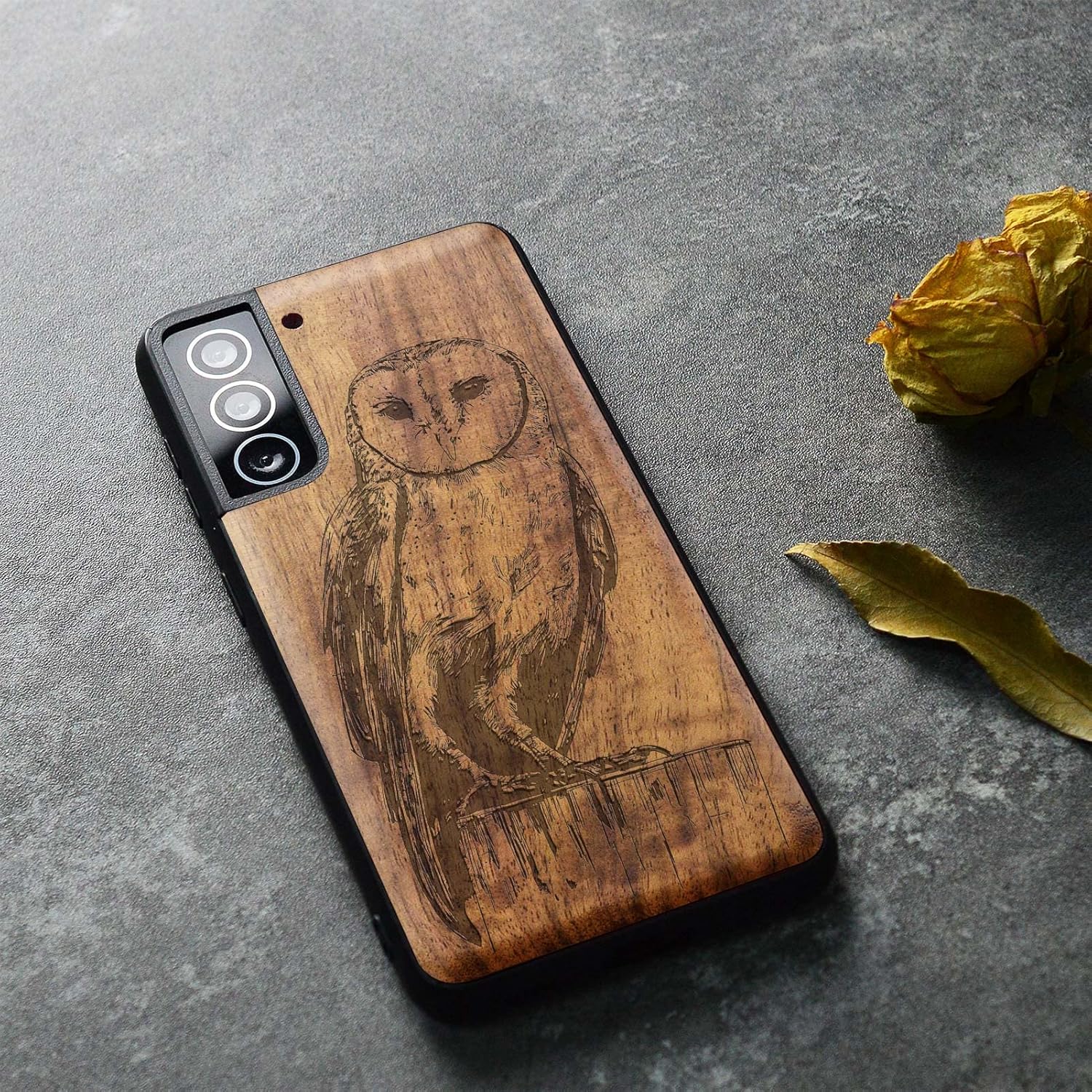 Carveit Wood Case for Galaxy S22 Plus Case [Natural Wood & Black Soft TPU] Shockproof Protective Cover Unique & Classy Wooden Design Compatible with S22 Plus (Barn owl-Walnut)