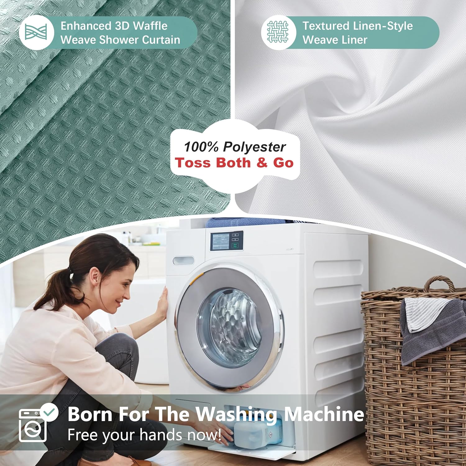 Luxury 3 in 1 Shower Curtain Set 3D Textured Waffle Weave Bathroom Curtain with Waterproof SGS Certified Fabric Liner & 12 Anti-Fall Stainless Steel Hooks, Machine Washable 72"x84" (Turquoise)