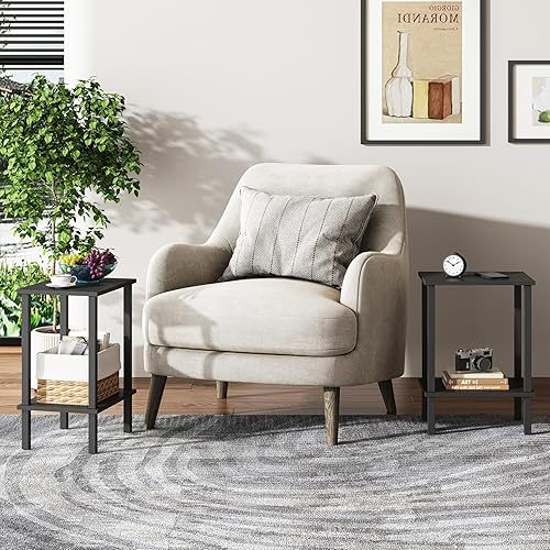 Miniatura 10 de TUTOTAK TB01BK035 - Mesa auxiliar, mesita de noche con estante de almacenamiento de 2 niveles, para espacios pequeños, 2 unidades Negro,Marrón,Gris