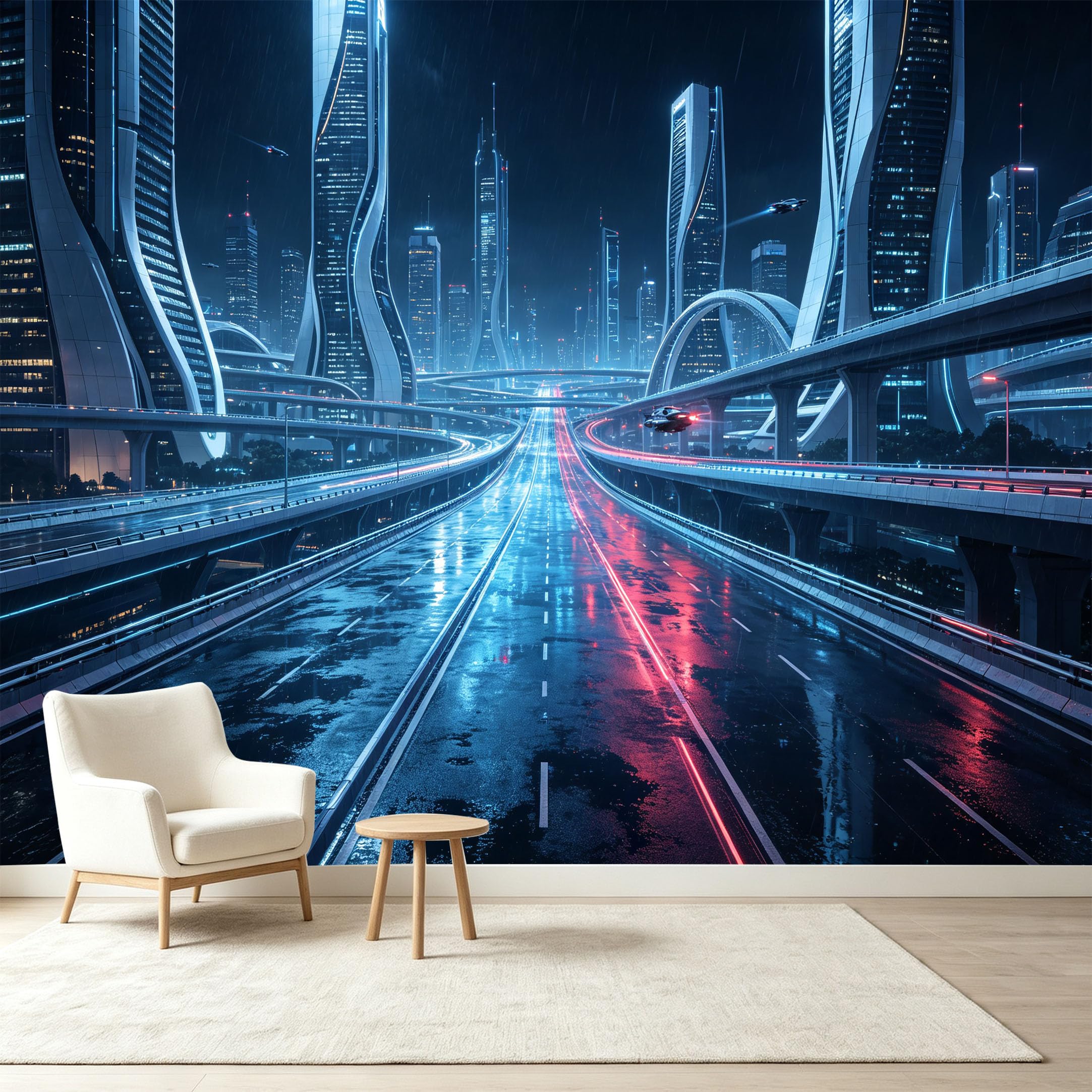 Custom Size Wall Murals Futuristic Cityscape Night Highway Neon Skyline Contemporary 3D Self-Adhesive Wall Fabric Removable Wallpaper Wall Decor for Living Room Bedroom Bathroom