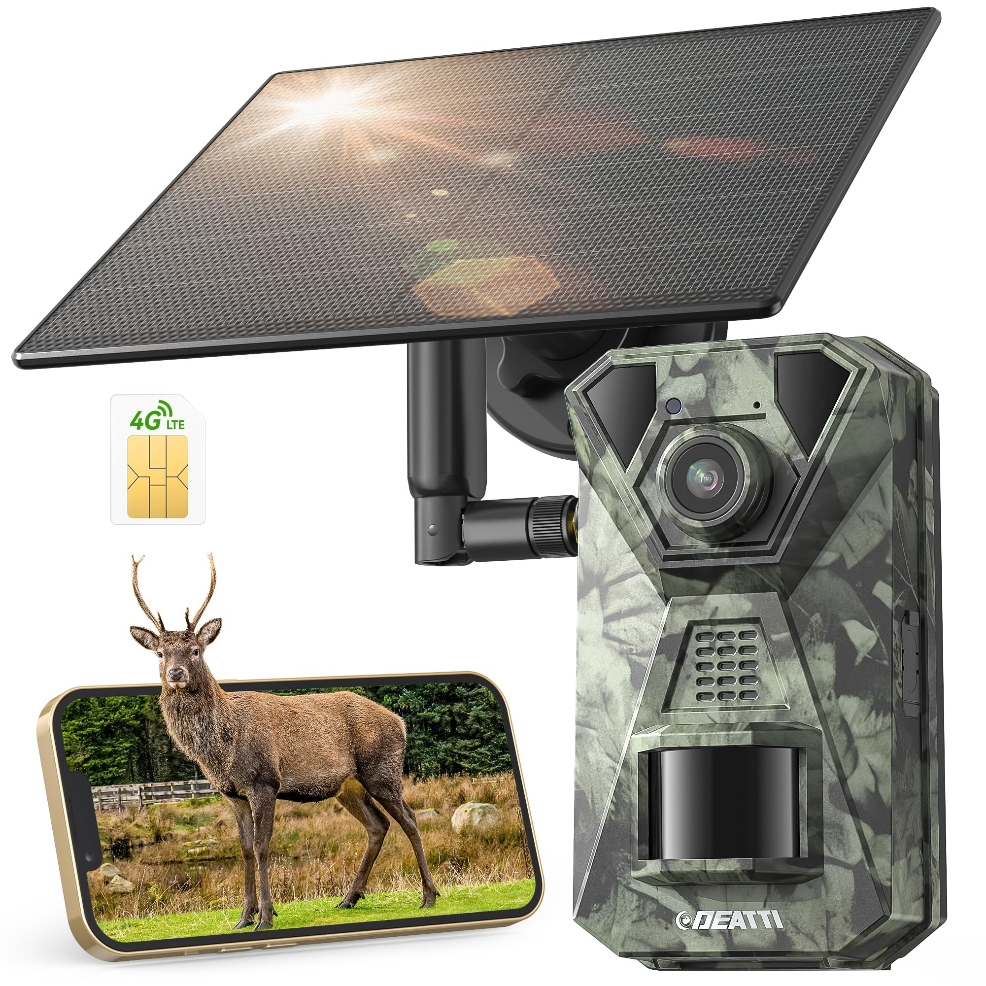DEATTI Camara Fototrampeo Solar 4G LTE Camara Caza, Tarjeta SIM Camara de Caza Nocturna 940nm Invisibles IR Leds IP66 Impermeable, con Batería Incorporada de 7800mAh（Sin Tarjeta SD）