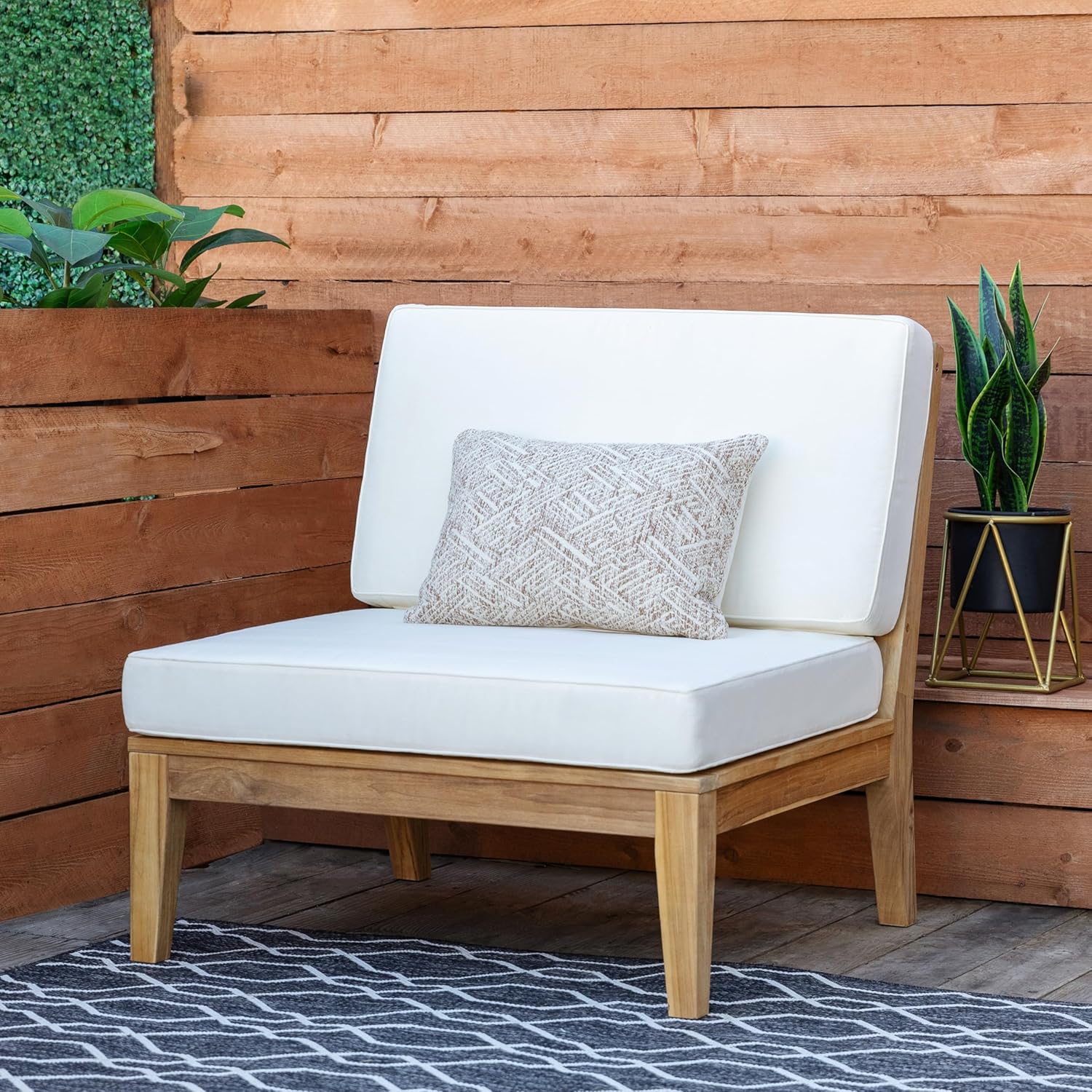 Linon Bellamy Natural Solid Teak Wood Outdoor Armless Chair with Removable Cream Cushions