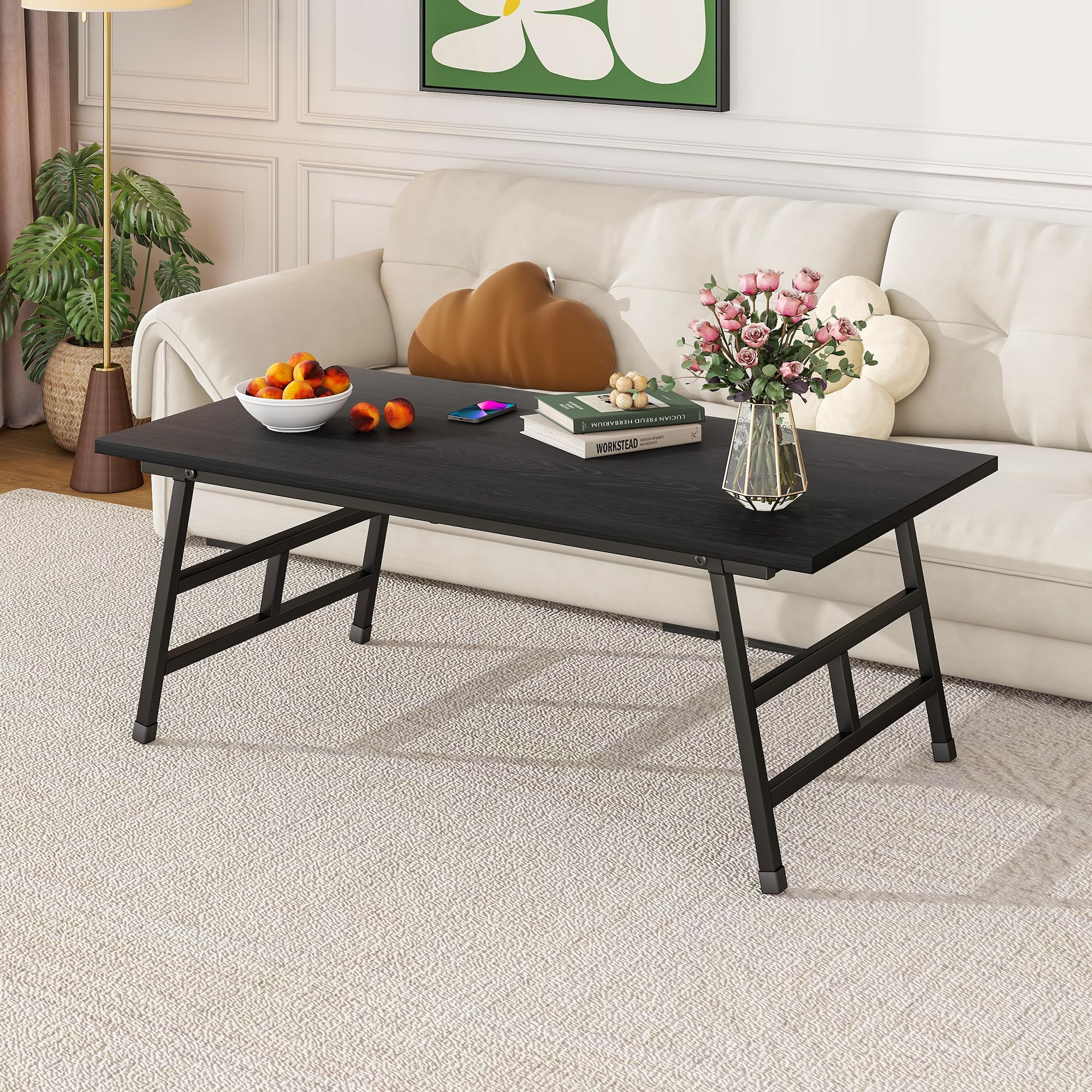 MUZERUL Folding Coffee Table for Living Room Home Office,Portable Low Table for Small Spaces, Simple Rectangular Center Table Foldable,Easy Assembly,Modern Black,105x55x45CM,Black