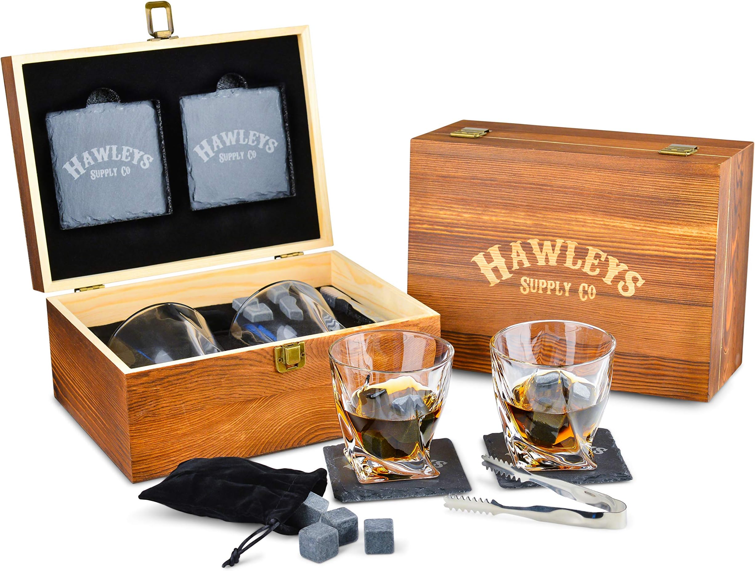 Premium Whiskey Stones Gift Set - 8 Granite Whiskey Rocks, 2 Large Whiskey Glasses, Tongs, Velvet Pouch, and 2 Coasters in an Elegant Handcrafted Wooden Box and Gift Packaging. Perfect Gifts for Men