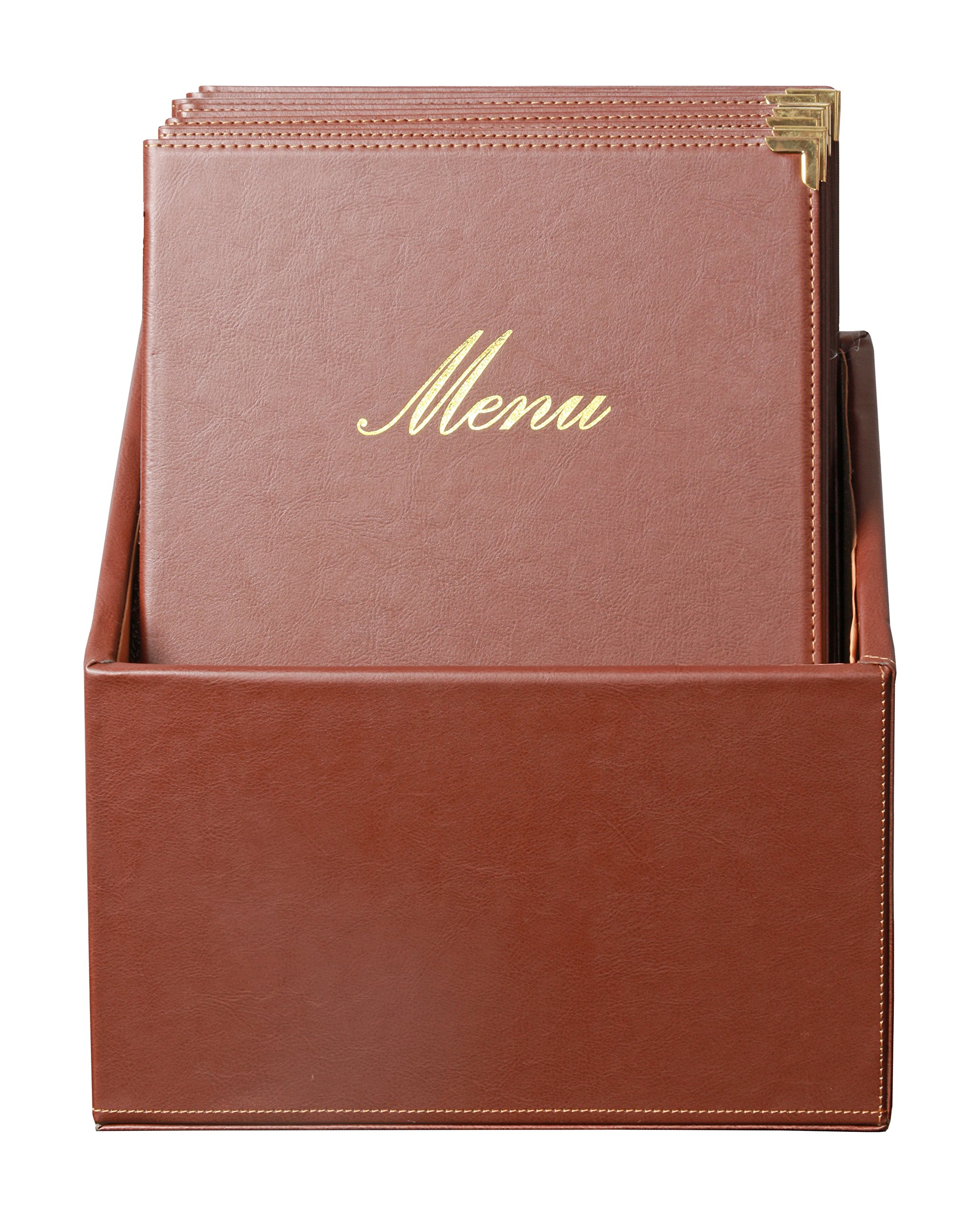 SECURIT - Set de 20 Portamenús Classic Line con Caja de Exhibición - Marrón | 1 Inserto Fijo Doble Cara = 4 Páginas A4 - Posibilidad de Añadir Insertos - Café, Bar, Restaurante - Imitación Cuero PU
