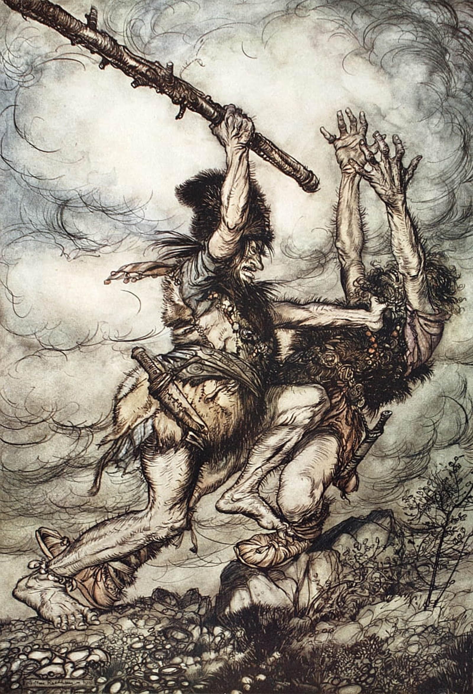Lienzo de Arthur Rackham sobre Fafner y Fasolt, arte evocador para tu hogar 5