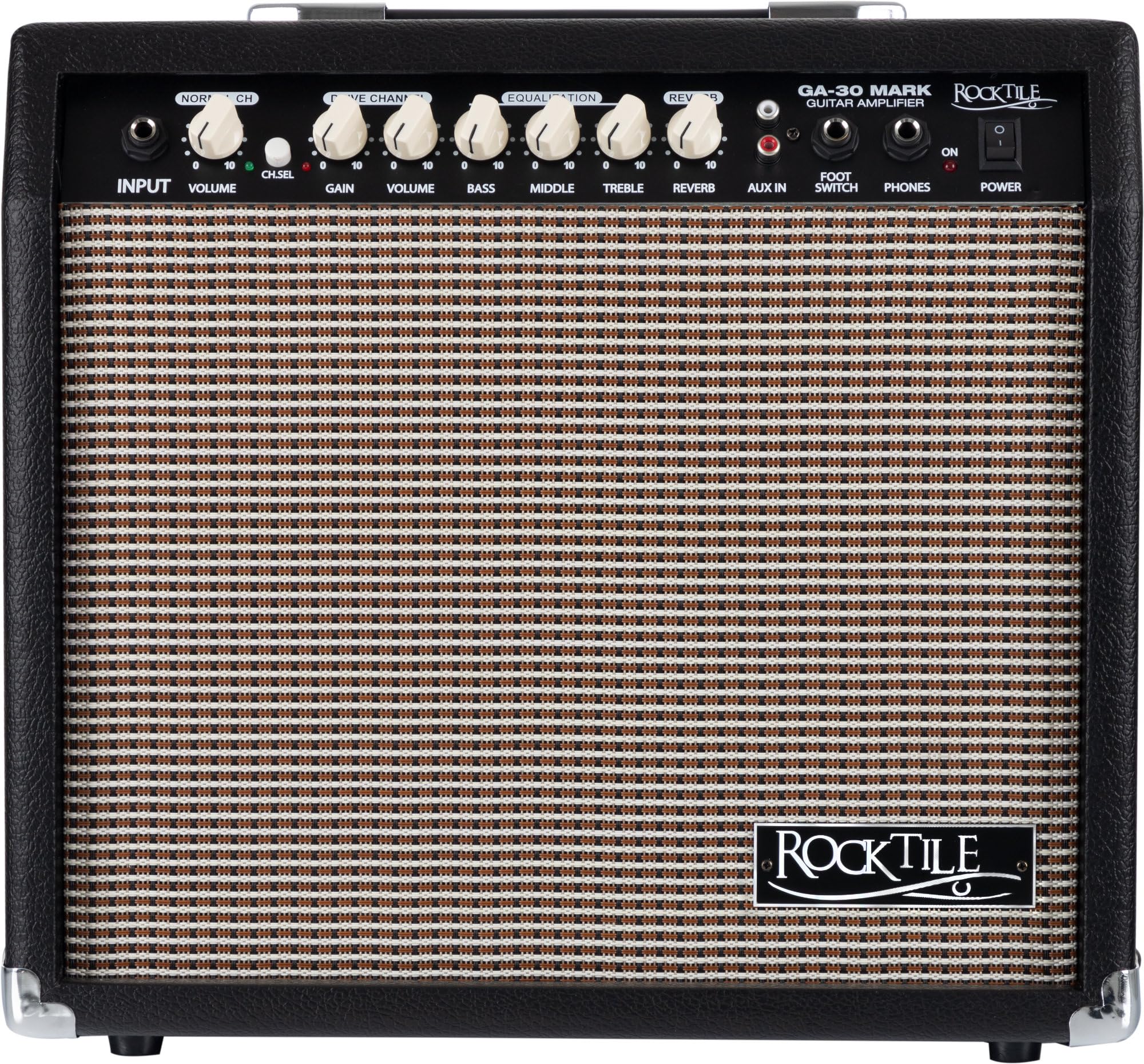 Rocktile Set Starter 8 Pezzi per Chitarra Elettrica, Amplificatore | Combo per chitarra da 30 watt, 2 canali (Clean/Drive), Selezione canale tramite pulsante (CH.SEL) o pedale opzionale, 35 mm