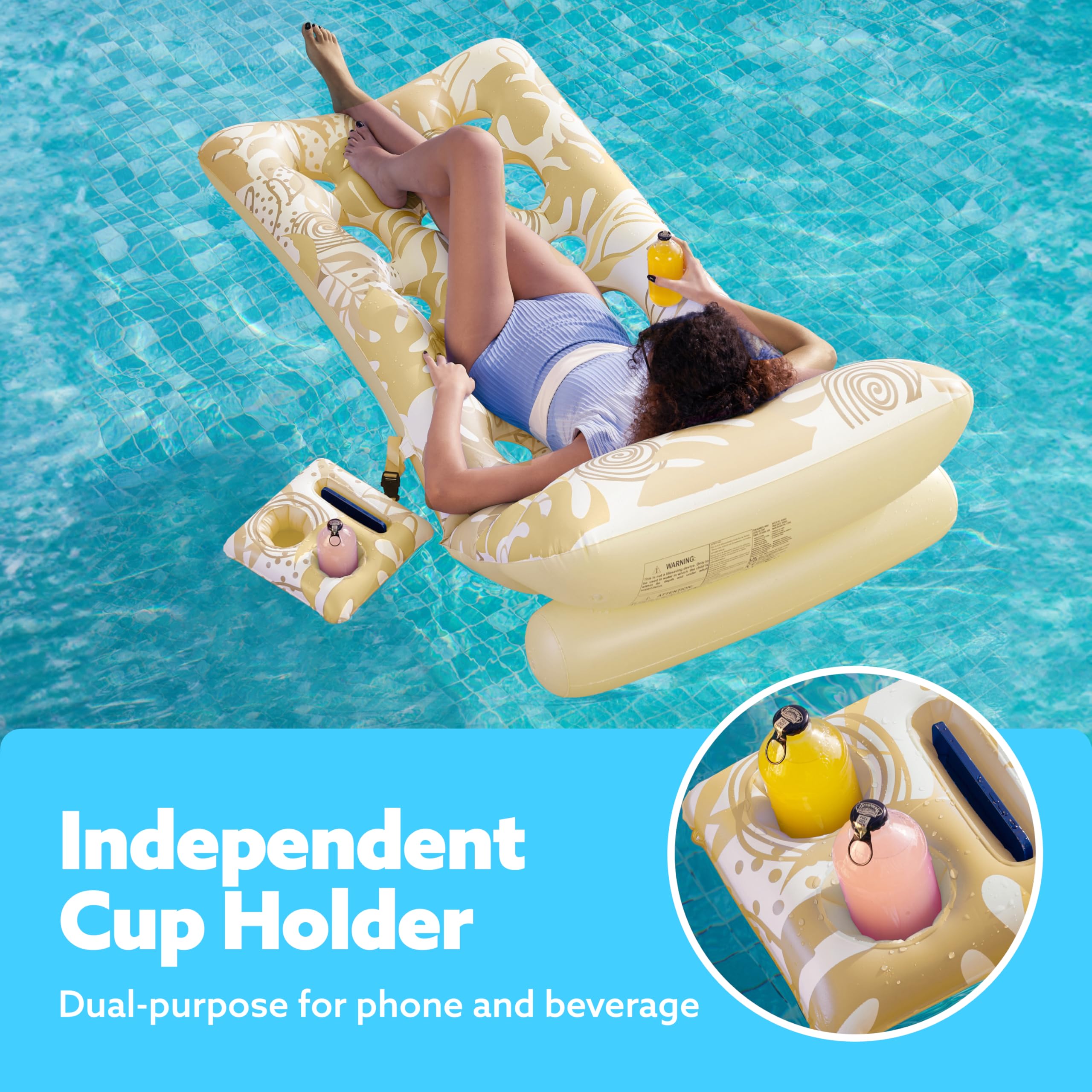Sloosh Nadmuchiwany basen dla dorosłych – Tropical Leaves Lounger z regulowanym oparciem, uchwyt na kubki, pływające rafts, na plażę, nad jezioro, leżankę nad wodą (szampański)