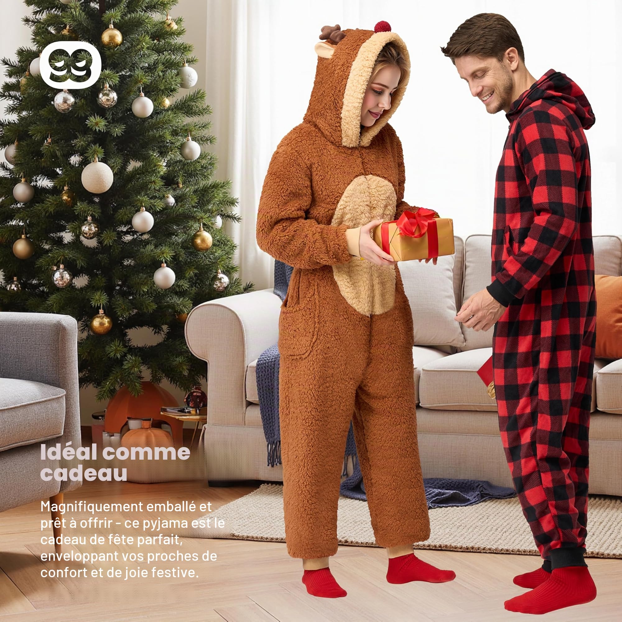 Giggling Getup Pyjama de Noël à capuche pour femme, pyjama d'hiver une pièce pour adulte, marron, X-Large