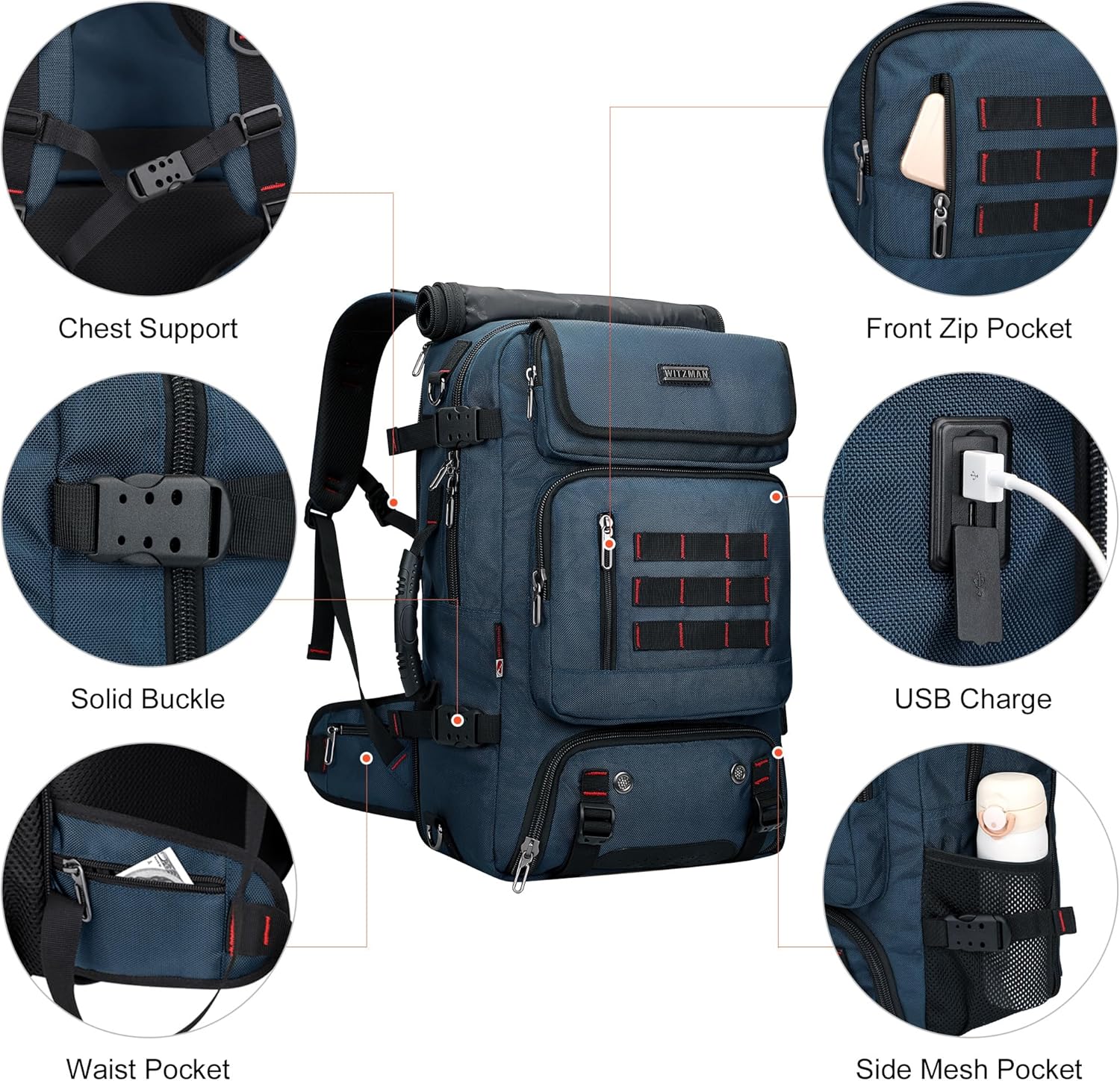 WITZMAN Carry on Travel Backpack for Men Women Airline Approved Convertible Nylon Duffle Backpack Luggage Bag (B682 Blue) - Image 8