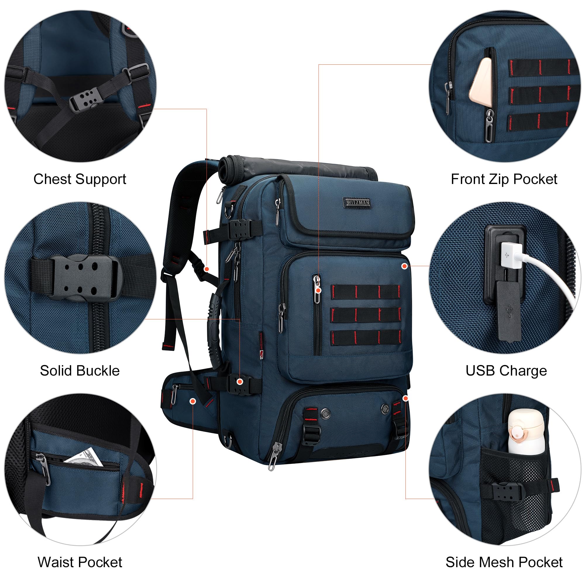 WITZMAN Sac à Dos de Voyage Homme Nylon Convertible avec USB