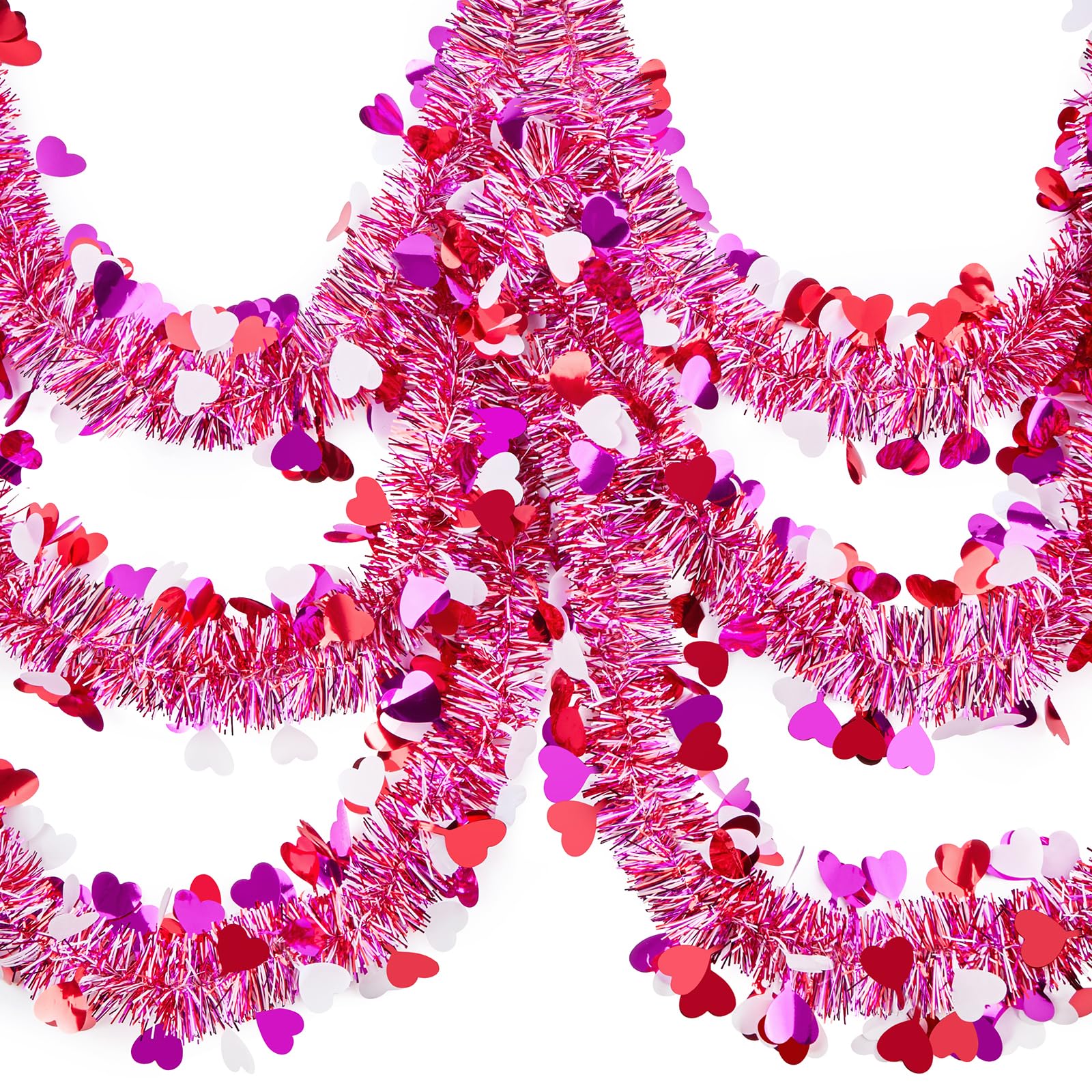 Ohuimrt 50Ft Valentines Heart Tinsel Garland Decorations, Valentines Pink Red White Metallic Twisted Garland Hanging Decor for Mantle Home Indoor Outdoor Party Supplies