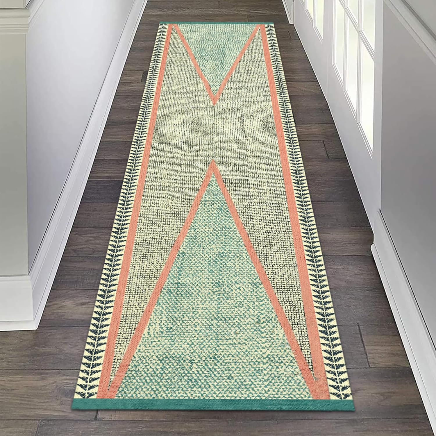 Geometric Hand Block Printed Runner, Natural Jute Kilim Rug - 4x20 Ft Blue Braided Flatweave Area Rugs for Indoor Outdoor Use Carpet for Hallway, Entryway, Bedside, Stairs
