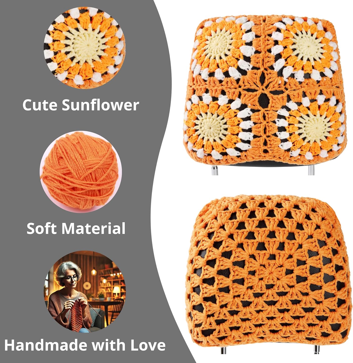 2PCS Crochet Seat Headrest Cover,Car Head Rest Protector,Cute Sunflower Car Accessories for Women, Universal Seat Cover Boho Car Decor Fit Sedans,SUVs,Trucks (62Orange-Sunflower)