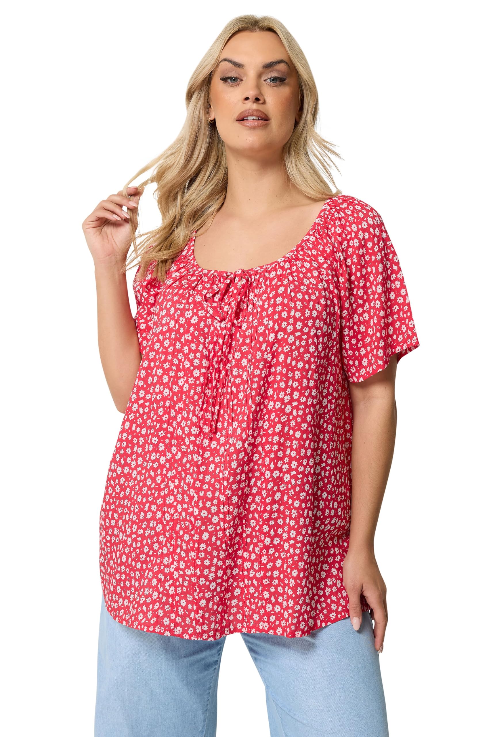 Yours Women's Red Floral Short Sleeve Pintuck Blouse In | : Size 16