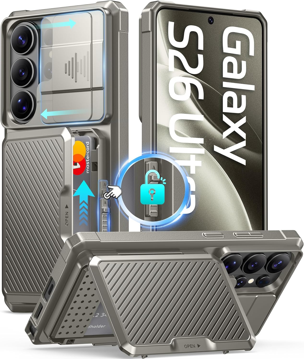 GolbinBox for Samsung Galaxy S26 Ultra Case with Card Holder & Slide Camera Cover, Built-in Safety Lock and RFID Protection, [Holds 4-5 Cards or Cash], Galaxy S26 Ultra Case Wallet 6.9'', Pearl Silver