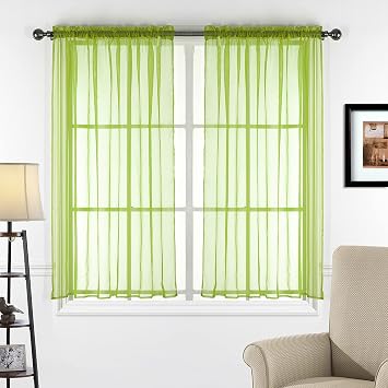 Decotex 2 Piece Sheer Voile Transparent Rod Pocket Window Curtain Panel Drape Tier Set 54" X 45", Lime Green