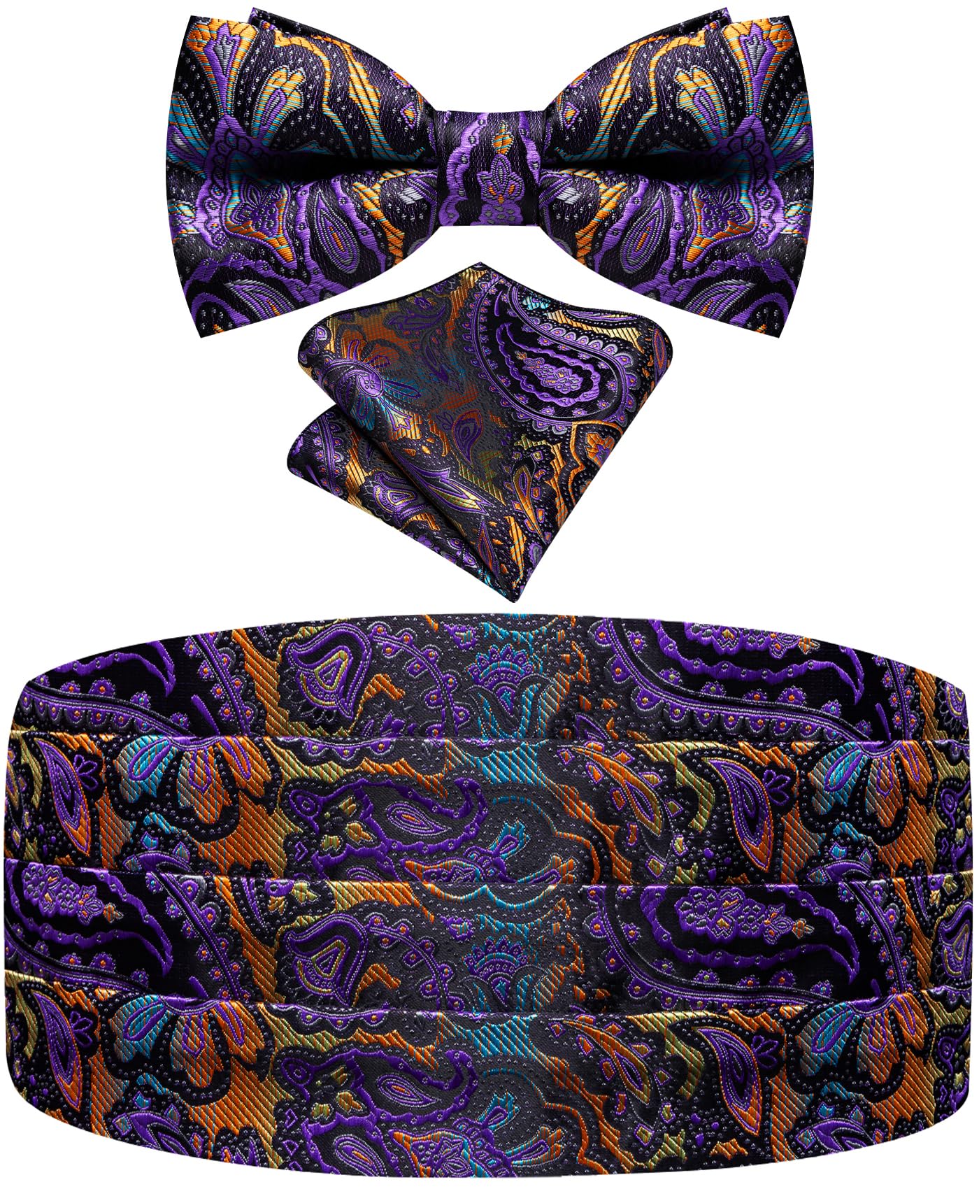 Paisley Floral Tuxedo Cummerbund Bow Tie Pocket Square Set for Men