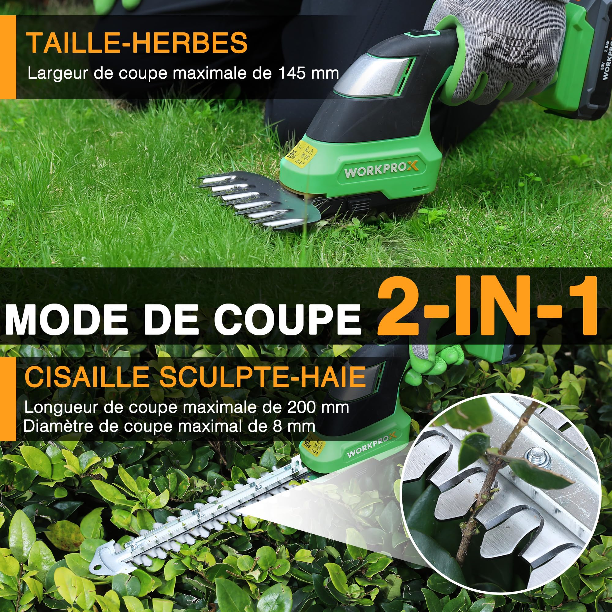WORKPROX Cisaille Sculpte-Haie sans Fil 20 V avec Batterie 2,0 Ah
