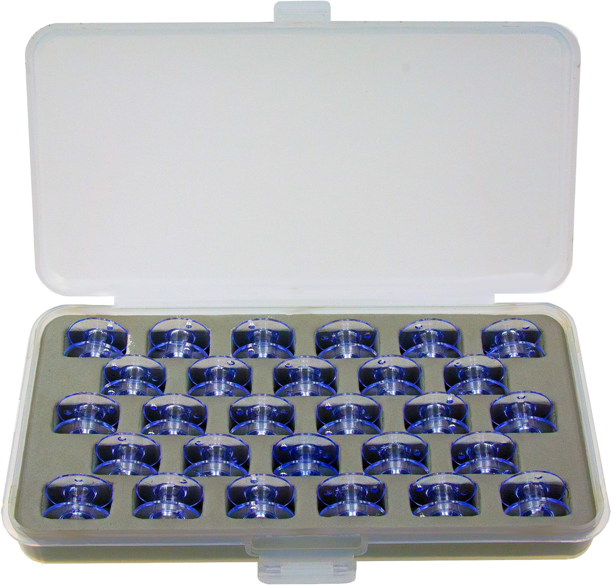 Ultima Bobbin Box with Bobbins – Plastic See Through Bobbin Storage Box Bobbin Holder with 28 Class-15 (SA156) Clear Plastic Bobbins