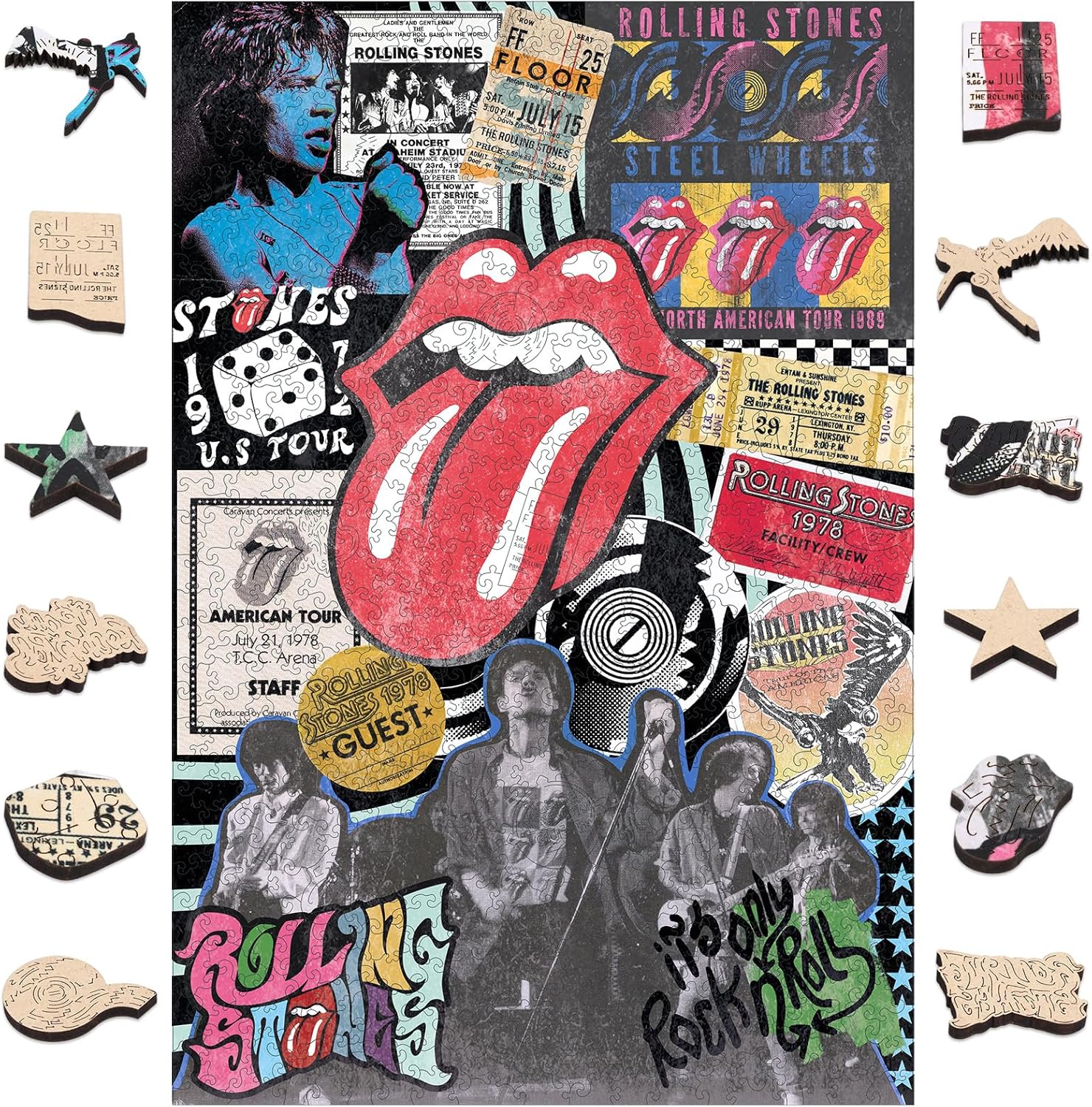 WOODLUX The Rolling Stones Rock and Roll Collage Wooden Puzzles for Adults 600 Pieces, 5mm Thick Unique Shape, Official Licensed Music Wall Art Decor, Gift for Music Lovers 12.4x18.5in