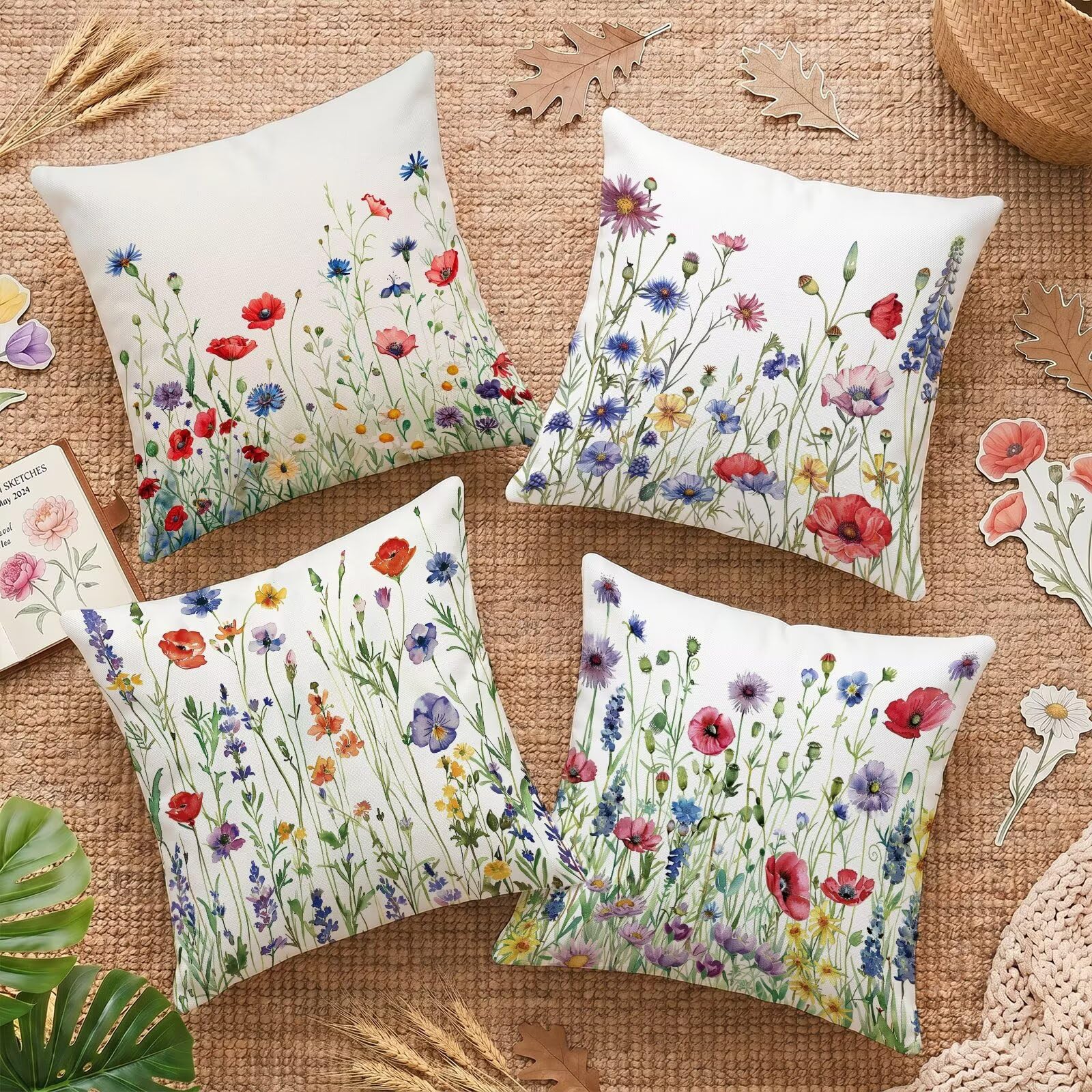 Housses de coussin 60x60 en velours imperméable avec motifs de fleurs sauvages pour jardin, lot de 4