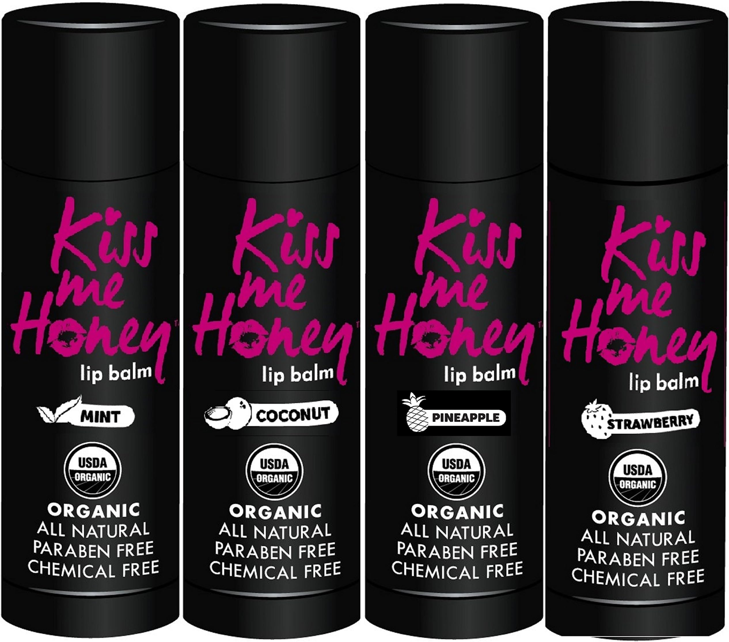 Kiss Me Honey USDA Organic Beeswax Lip Balm Bulk with Shea Butter, Coconut Oil, and Vitamin E | Cruelty Free - Pineapple (1), Mint (1), Strawberry (1), Coconut (1) - 4 Pack
