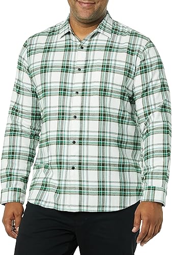 Miniatura 85 de Yaxa Essentials Camisas de franela de manga larga para hombre, corte ajustado, a cuadros con botones