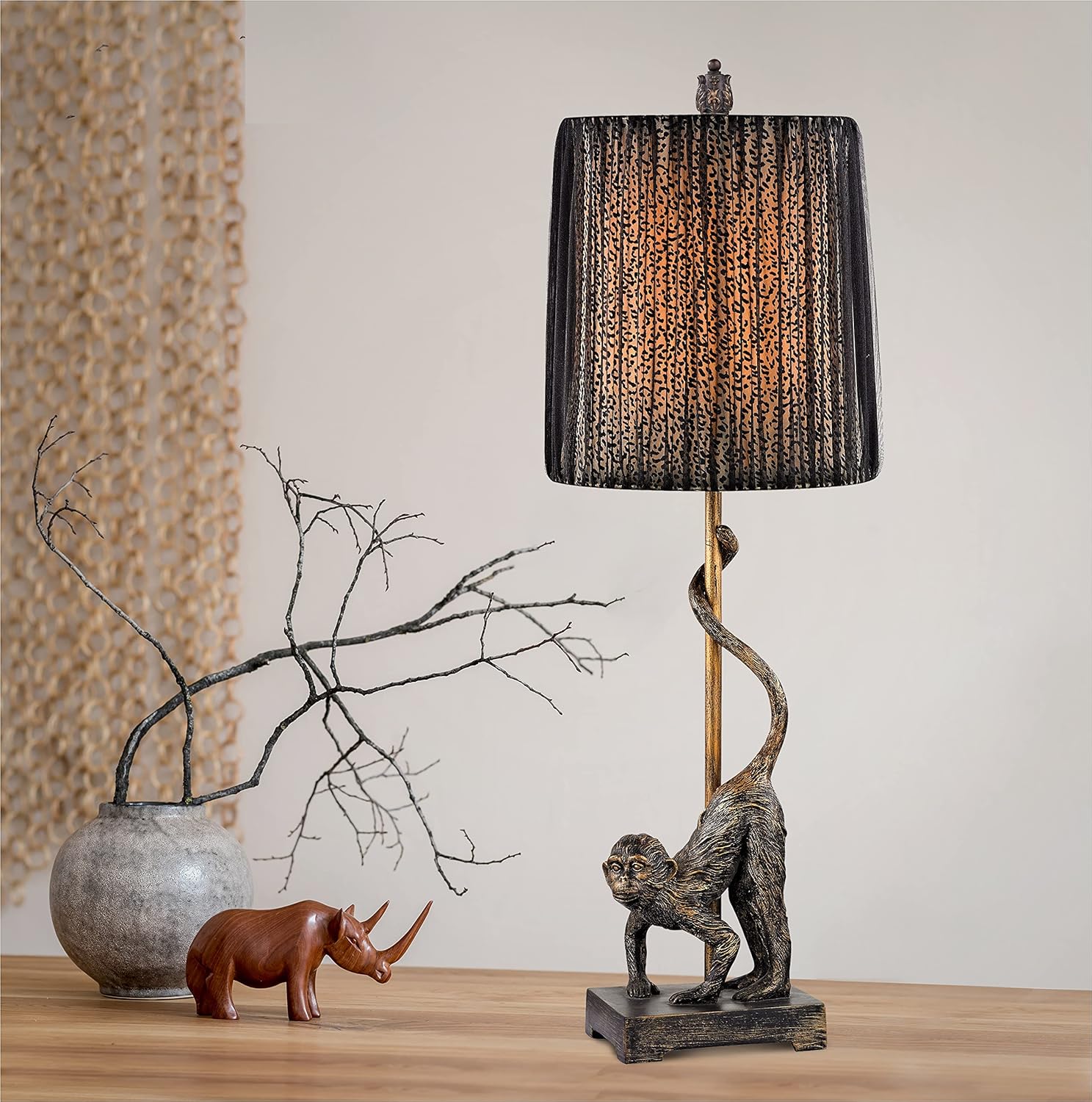 Elk Home Aston Table Lamp - 1-Light in Bronze Finish, with Black Organza Over Leopard Print Pleated Softback Shade, Traditional Style