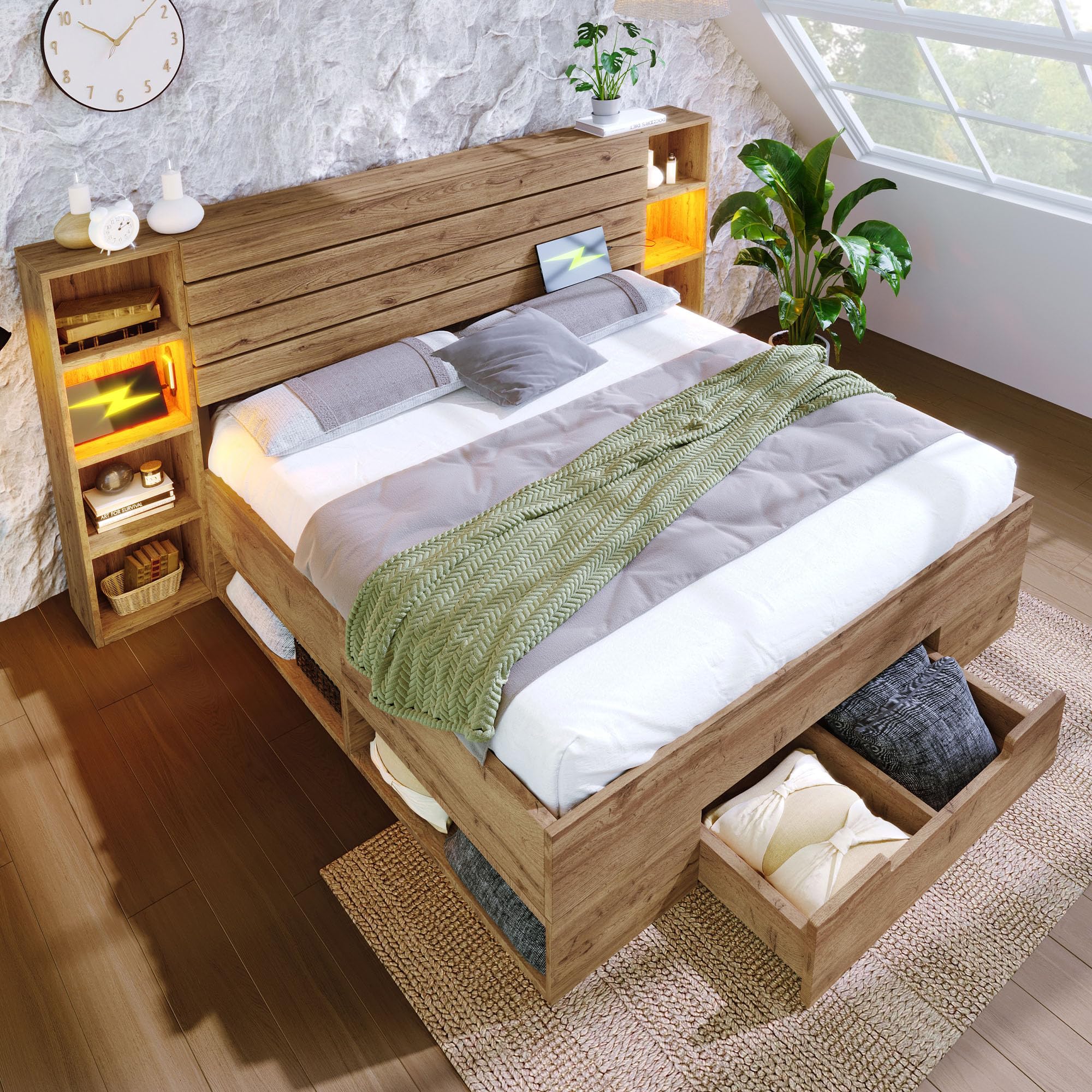 Letto matrimoniale in, letto con illuminazione a LED e testata e cassetti USB C, struttura a doghe in legno, rovere (senza materasso) (160 x 200 cm)