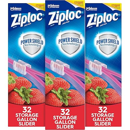 Ziploc Slider Storage Bags with New Power Shield Technology, Gallon, 32 Count, Pack of 3 (96 Total Bags)
