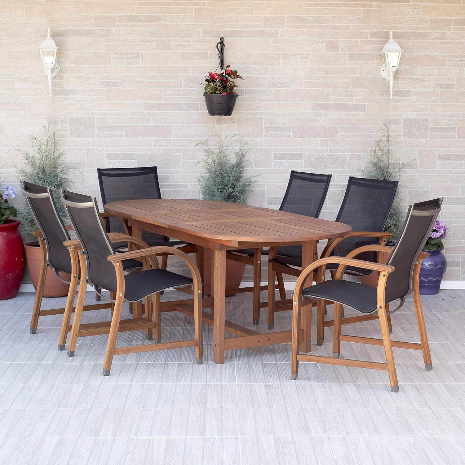 ia Bahamas 7-Piece Oval Patio Dining Set | Eucalyptus Wood | Ideal for Outdoors and Indoors, Black : Patio, Lawn & Garden