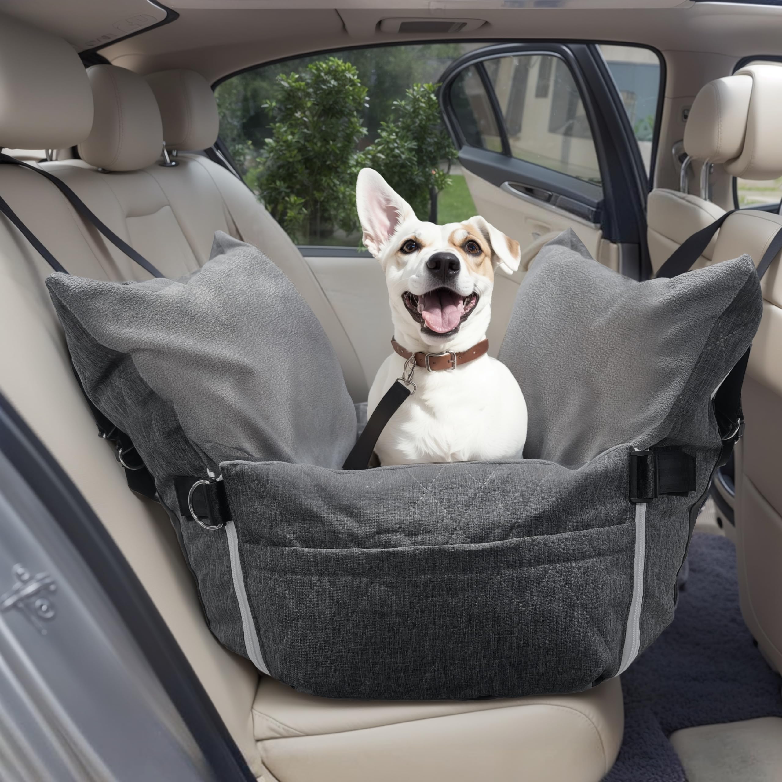 Johnear Autositz & Hundebett 2-in-1 Für Mittelgroße Hunde Bis 30kg – Mit Sicherheitsleine & Taschen (76x52x20 Cm)