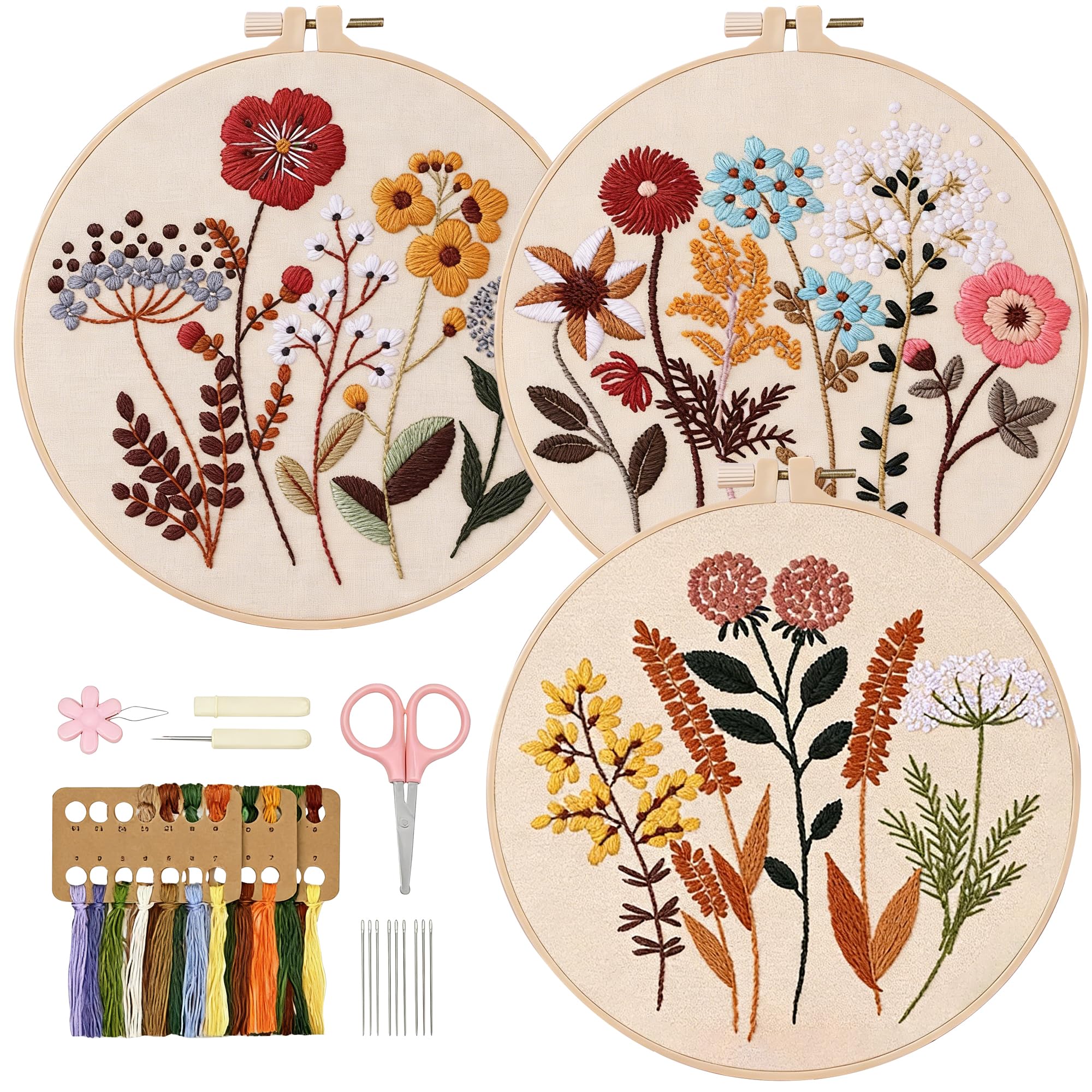WYIPOLZI 3 Pcs Embroidery Kit for Beginners, DIY Hand Embroidery Starter Kit with Pre-Printed FlowersPlants Pattern, Hoop & Embroidery Accessories, DIY Stitch Craft Set for Adults, Sewing Gift Set