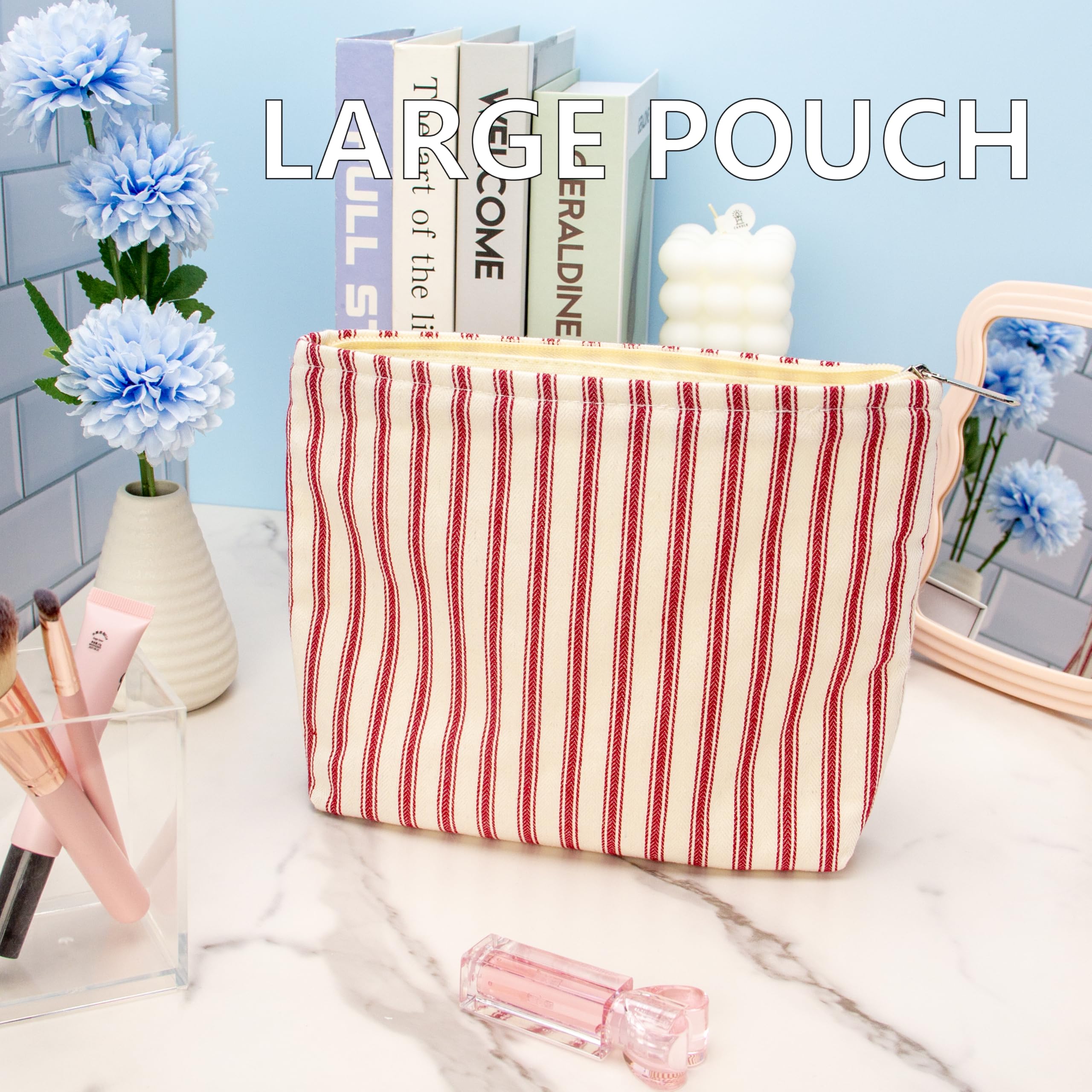 PAZIMIIK Make-up-Tasche mit Blumenmuster, Baumwolle, Reißverschluss, für Geldbörse, Reisen, Leinen, Make-up-Organizer für Damen, Kosmetik, Vintage-Stil, gestreift, Rot, Vintage Stripe Red, 10x7inch