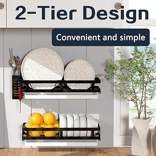 Miniatura 4 de Estante multifuncional para platos de diseño moderno, estante de secado de platos montado en la pared con tabla de drenaje, estante de