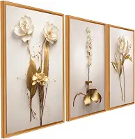 Quadro Decorativo 3 Peças Dourado Floral Branco Ouro Gold Sala Quarto Fácil Fixação com Fita Dupla Face