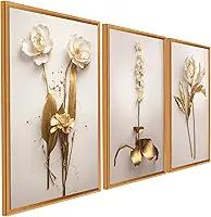 Quadro Decorativo 3 Peças Dourado Floral Branco Ouro Gold Sala Quarto Fácil Fixação com Fita Dupla Face