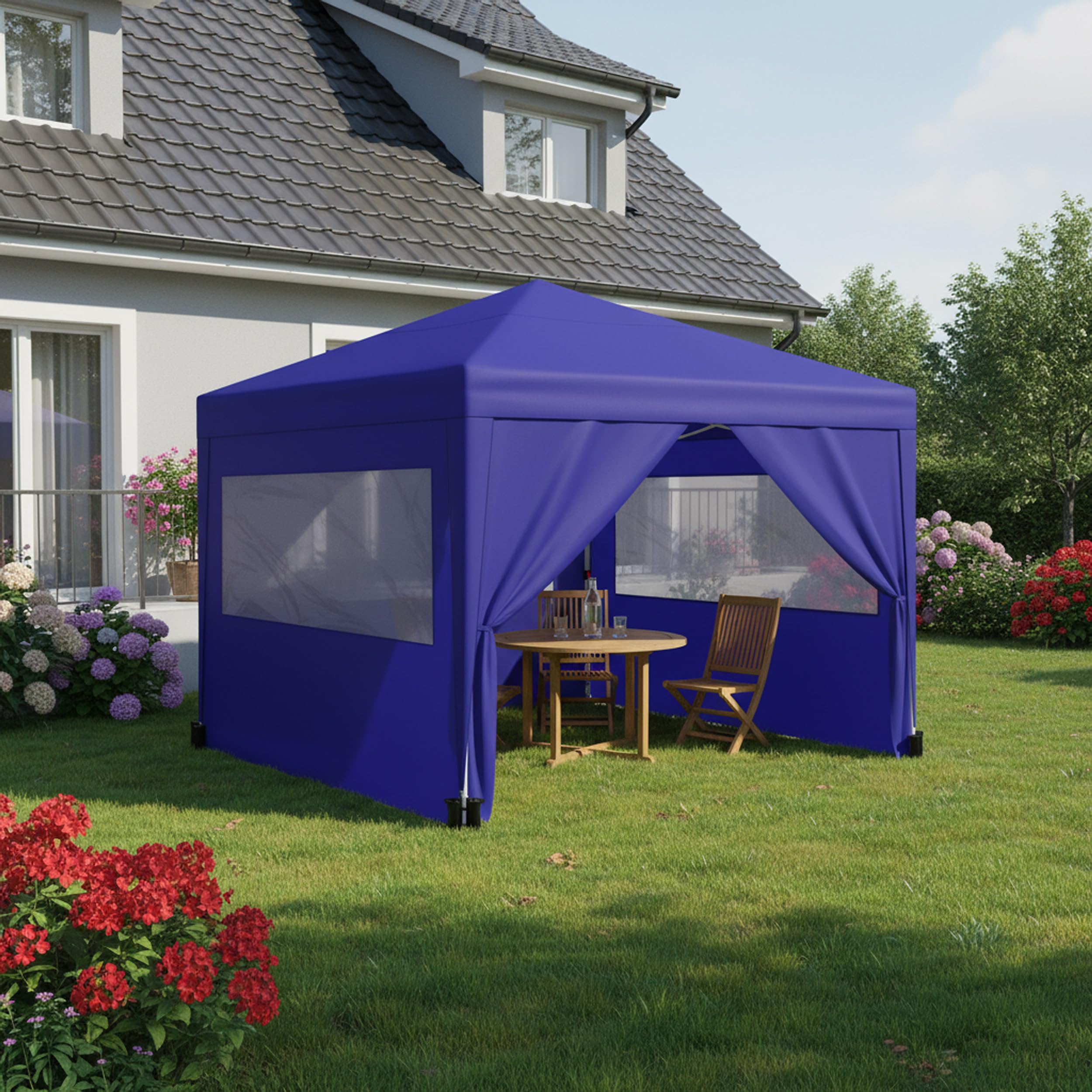 Wasabi - Carpa Plegable 3x3m – 4 Paredes Laterales – 4 Bolsas de Arena, Piquetas y Cuerdas de Fijación – Saco de Transporte - Pérgola de Nylon – Cenador para Jardín Exteriores Camping Fiestas (Azul)