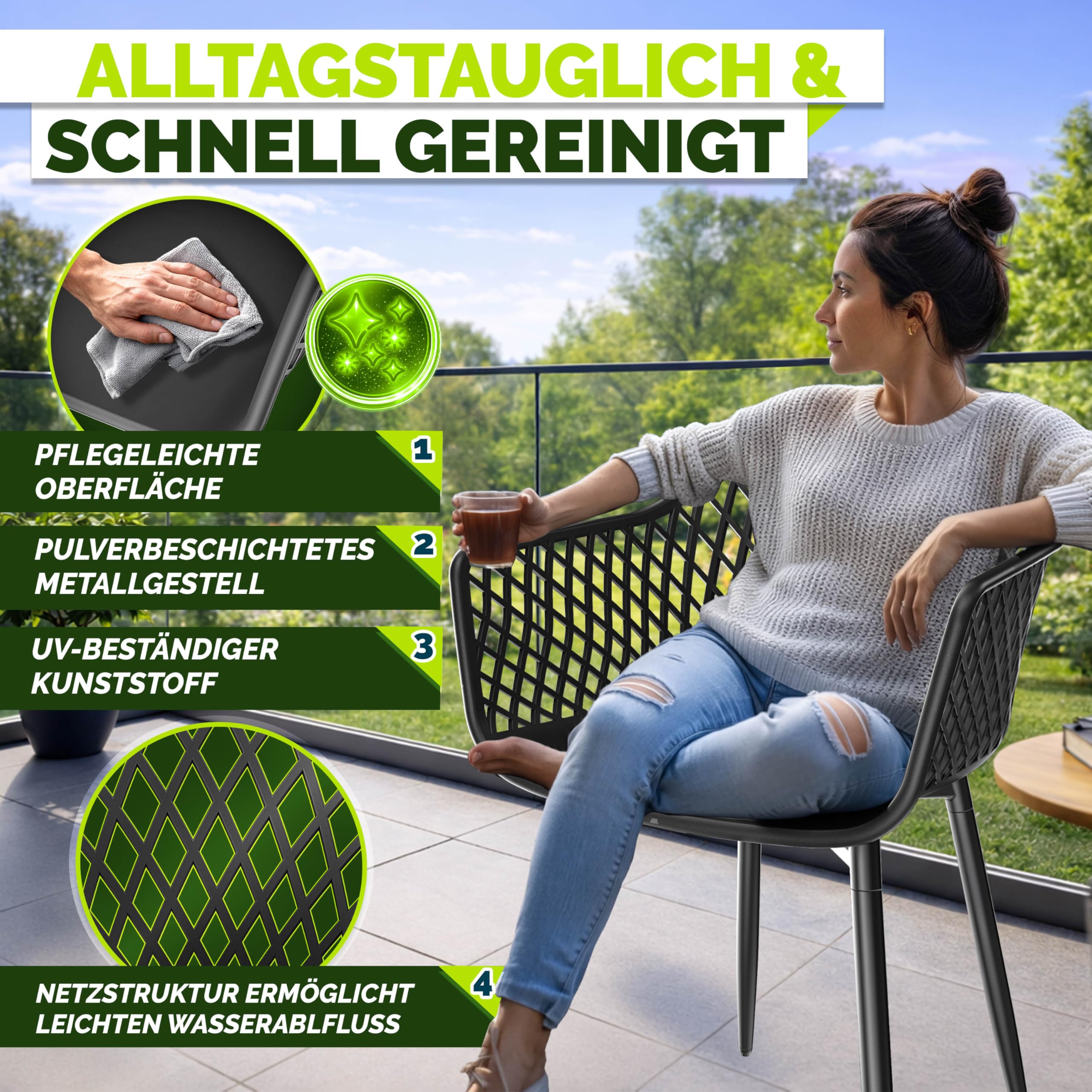 tillvex® Gartenstuhl 2er Set Wetterfest mit Armlehne | Outdoor Stühle bis 120kg belastbar | Gartenstühle UV-beständig | Terrassenstuhl Gartenmöbel Terrasse Balkon Outdoor Garten