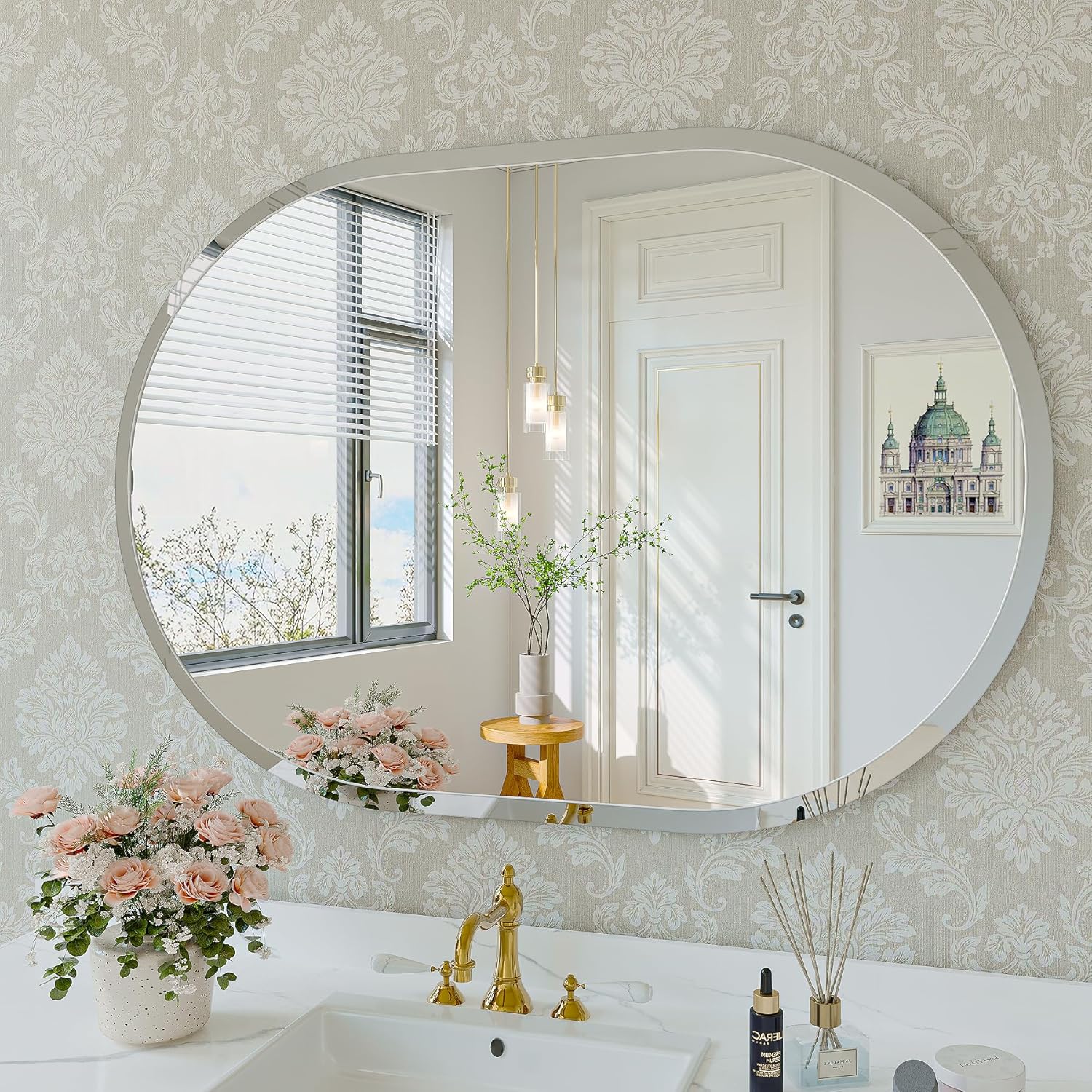 Frameless Oval Mirror, 28"x40" Beveled Oval Bathroom Vanity Mirrors for Wall, Wall Mounted Mirror for Bedroom, Entryway, Living Room, Hangs Horizontally or Vertically