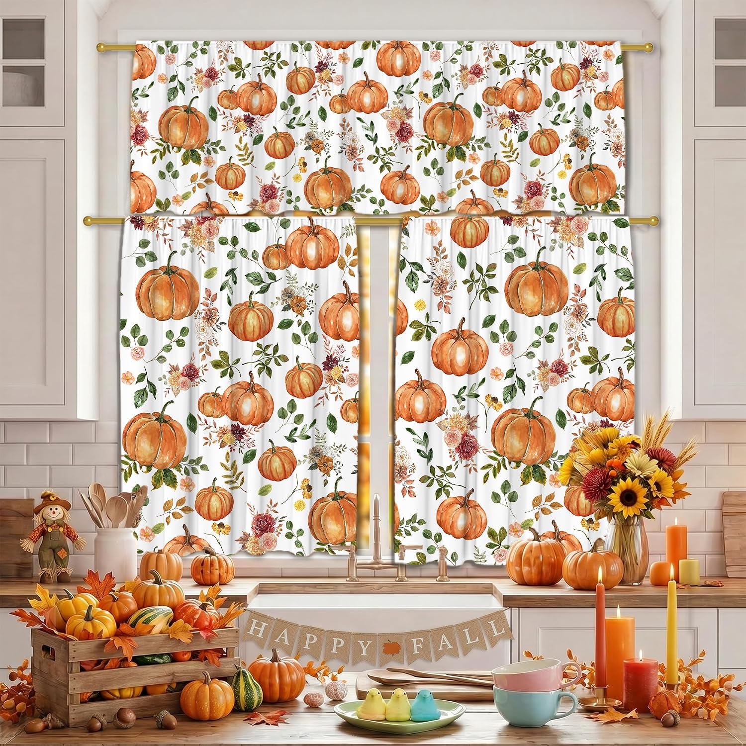 Fall Pumpkins Kitchen Curtains for Windows, Pumpkins Kitchen Decor Curtains and Valances Set Farmhouse, Rod Pocket 2 Panels (27x36) + Tier (54x18) Set for Living Room
