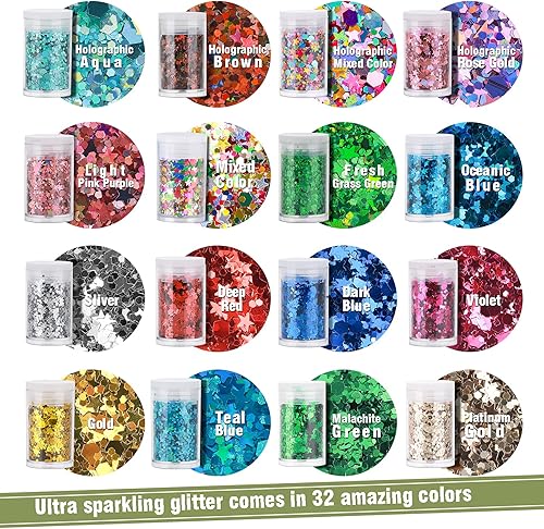 Miniatura 4 de Teenitor - Mezcla de purpurina gruesa, brillo de uñas con estrellas, cosméticos para rostro, cuerpo y ojos, brillo para el cabello, 32 unidades