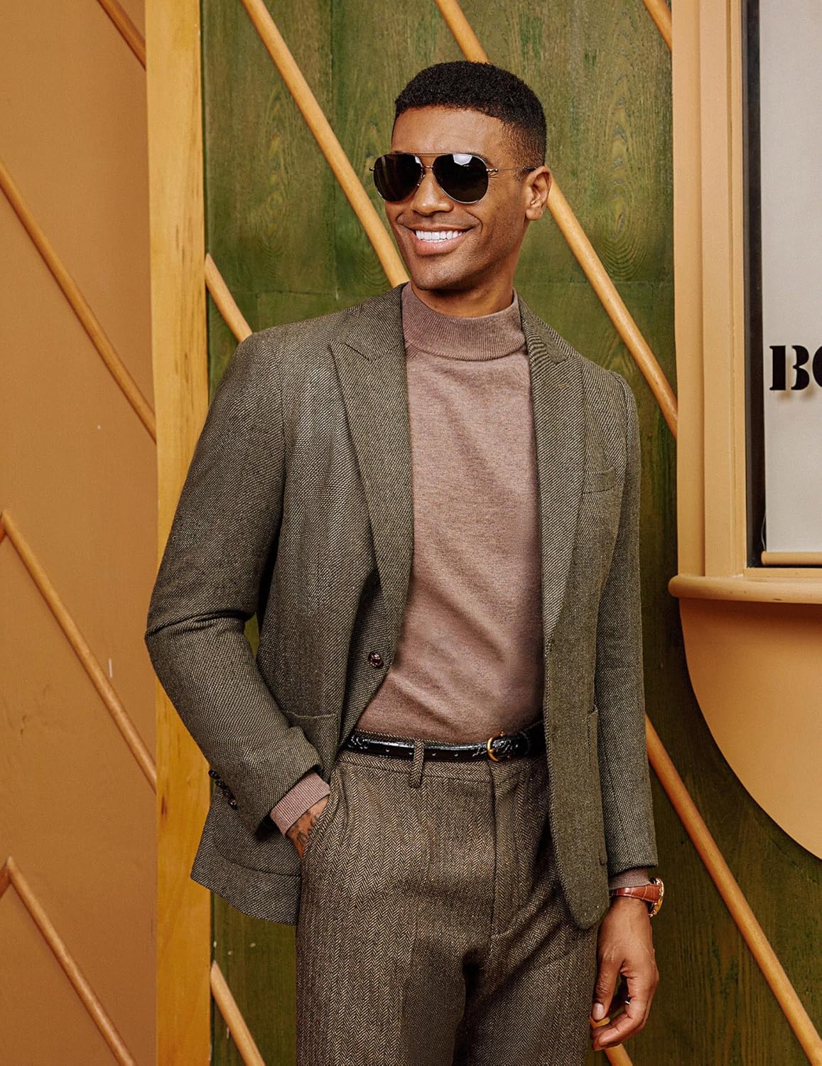 PJ PAUL JONES Mens Herringbone Tweed Sport Coat Vintage Wool Blend Two Button Blazer Jacket with Pockets - Image 2